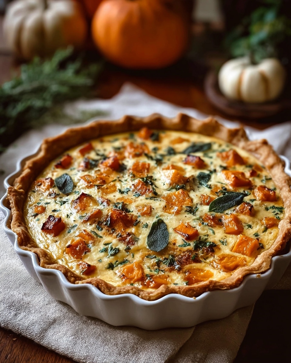 A baked quiche in a white fluted pie dish, showing a golden-brown crust with crimped edges. The filling has a creamy light yellow base layered with small orange chunks of roasted butternut squash and scattered dark green pieces of fresh sage leaves. The quiche rests on a beige cloth on a wooden table, with blurred background elements including pumpkins and greenery. The overall look suggests a warm, autumnal, homemade dish. photo taken with an iphone --ar 4:5 --v 7