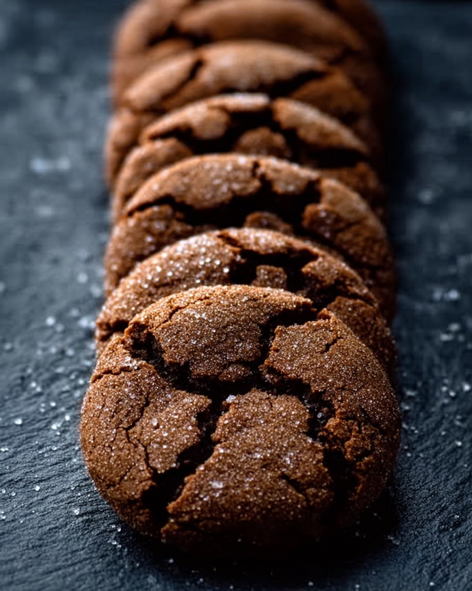 The image shows a row of dark brown cookies with cracks on their surface, arranged in a straight line on a black slate board. Each cookie has a slightly rough texture with sugar granules visible on top, and they appear soft and chewy. The background has a dark, blurred appearance, making the cookies stand out clearly. Photo taken with an iphone --ar 4:5 --v 7