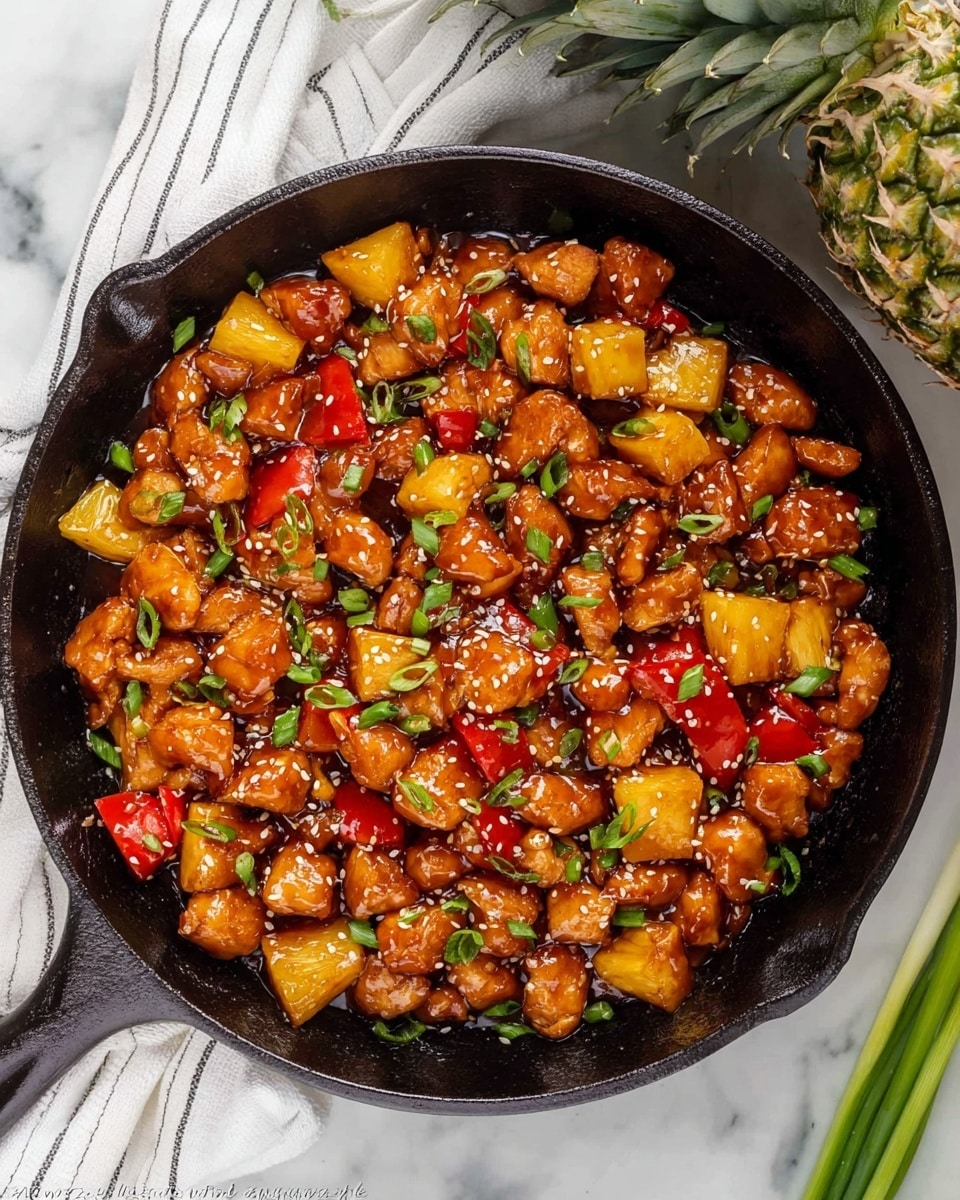 The image shows a black cast iron skillet filled with a colorful stir-fry of bite-sized pieces. The dish consists of golden brown chunks of chicken mixed with bright yellow pineapple pieces, and chunks of red bell pepper. Everything is coated in a glossy, dark brown sauce that looks thick and sticky. The dish is sprinkled with small white sesame seeds and finely chopped green onions, adding texture and color contrast. The skillet is placed on a white marbled surface, with a bunch of long green onions and part of a pineapple visible at the top, along with a white cloth with thin black stripes. photo taken with an iphone --ar 4:5 --v 7