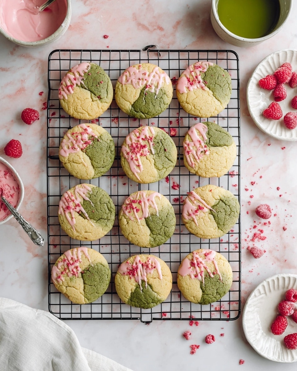 A batch of 15 round cookies arranged in a 3x5 grid on a black metal cooling rack, each cookie showing a marbled pattern with light green and pale yellow halves. Each cookie has a drizzle topping on one half, some with light pink icing and others with a darker green glaze, sprinkled with small crushed red pieces scattered on top. Around the rack are small scattered freeze-dried raspberries. A white bowl with a pink creamy mixture and a spoon is placed to the left, a round white bowl with green liquid is at the top left, and a white plate with a few raspberries is on the right side. A white cloth napkin lies on the bottom right corner, and the background is a white marbled texture with soft pink tones. photo taken with an iphone --ar 4:5 --v 7
