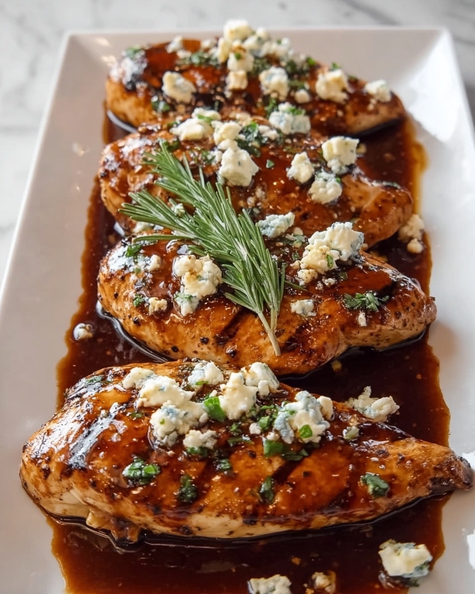 The image shows three grilled chicken breasts arranged in a row on a white plate, each covered with a shiny, dark brown sauce giving them a glazed look. On top of each chicken breast, there are small chunks of crumbly white cheese scattered evenly, adding texture and a soft contrast in color. A fresh sprig of green rosemary lies across the middle chicken breast, giving a touch of green and freshness. The sauce pools slightly around the chicken, creating a glossy base that reflects the light. The background is a white marbled surface, adding a clean and elegant feel. photo taken with an iphone --ar 4:5 --v 7