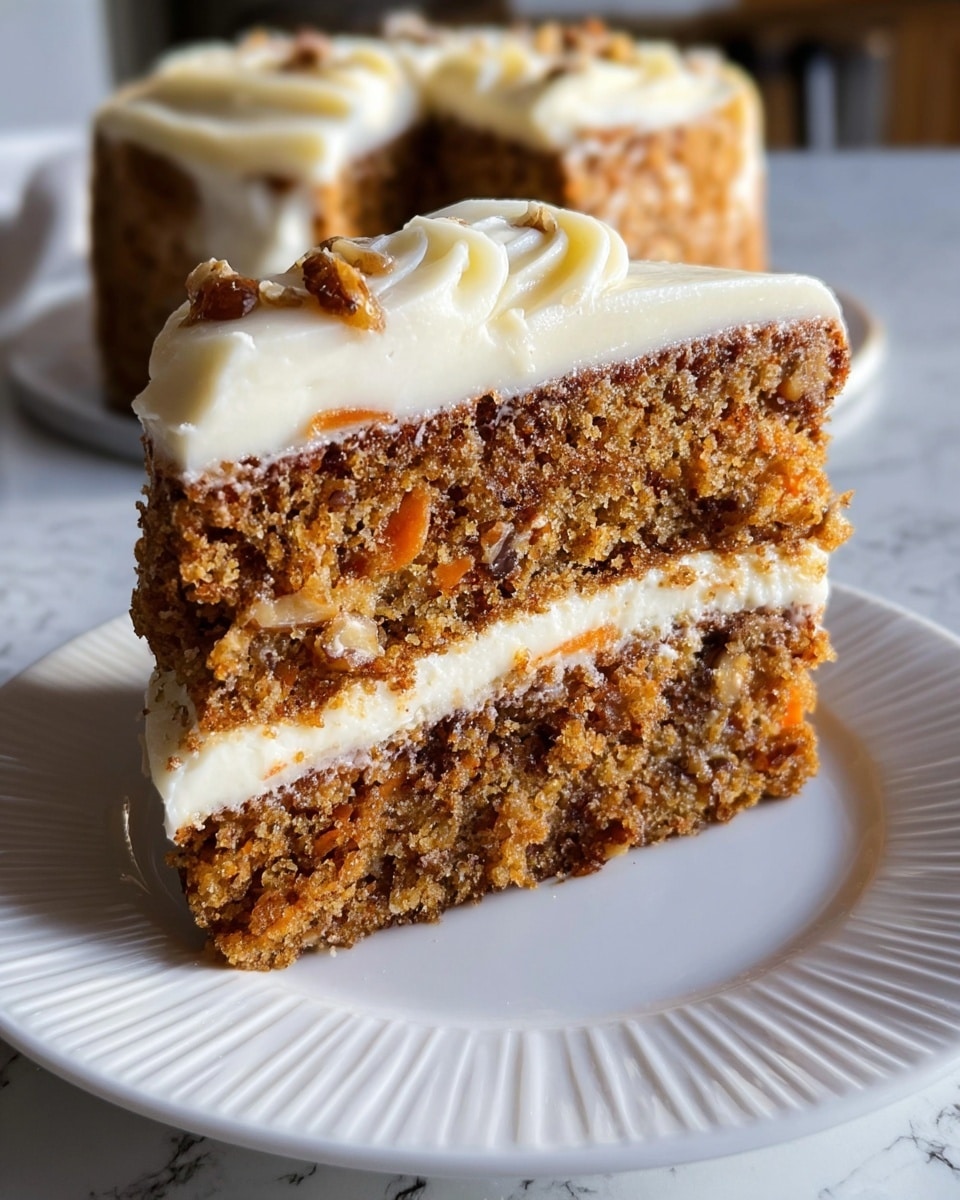 A slice of two-layered carrot cake sits on a white plate with ridged edges, placed on a white marbled surface. The cake has a moist, brown crumb texture filled with small chunks of walnuts and grated carrot, visible throughout both layers. Between the cake layers is a creamy white frosting, thick and smooth, which also generously tops the slice with soft swirls and ridges. The overall look is rich and inviting, showcasing the contrast between the dense cake and the fluffy frosting. Photo taken with an iphone --ar 4:5 --v 7