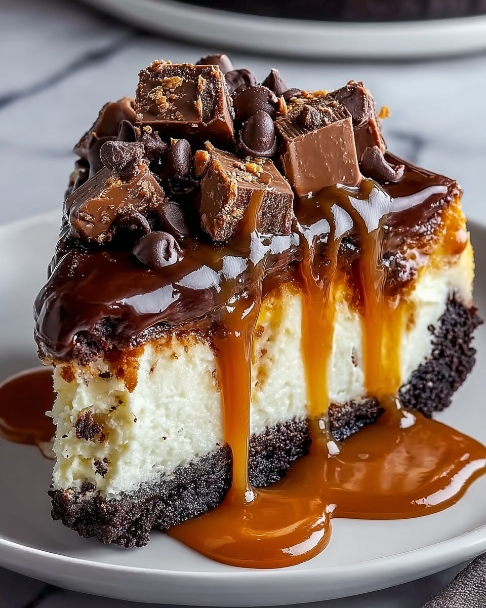 A thick slice of cheesecake sits on a white plate with a crumbly dark chocolate cookie crust as the bottom layer, topped by a thick smooth creamy white cheesecake layer in the middle, and covered with a shiny dark chocolate layer that drips down the sides mixed with golden caramel sauce also dripping and pooling on the plate, dark chocolate chips and chunks of chocolate candy scattered on top for texture, all against a white marbled surface. photo taken with an iphone --ar 4:5 --v 7