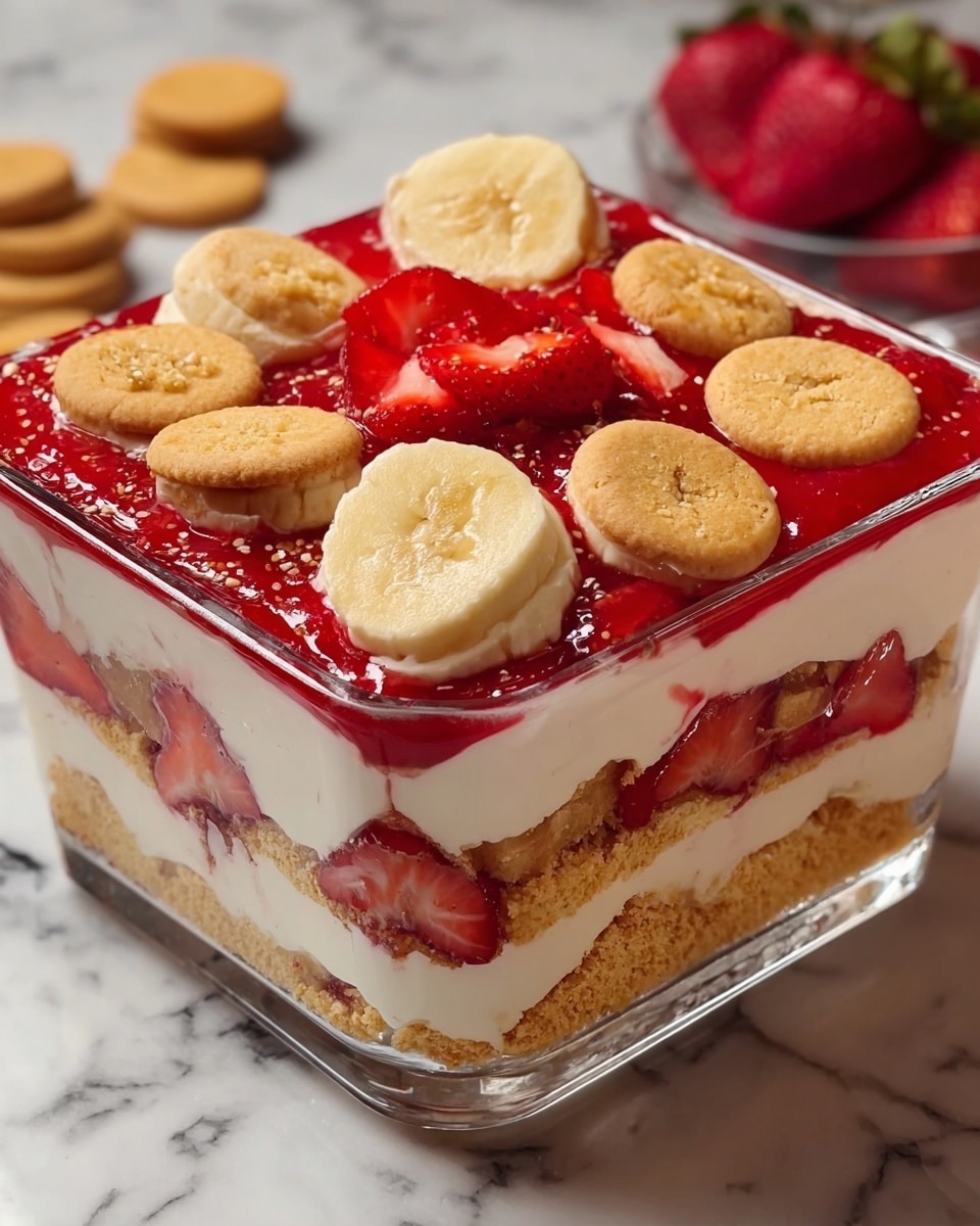 A clear square glass dish shows a dessert with four visible layers: the bottom layer is golden crumbly cookie pieces, above it is a thick creamy white layer, next a bright red jelly with whole strawberries inside, and the top layer has a bright red jelly spread with a mix of round light brown cookies and thick banana slices arranged evenly on top. Some strawberry slices are visible pressed against the side of the glass. The dish sits on a white marbled surface. photo taken with an iphone --ar 4:5 --v 7