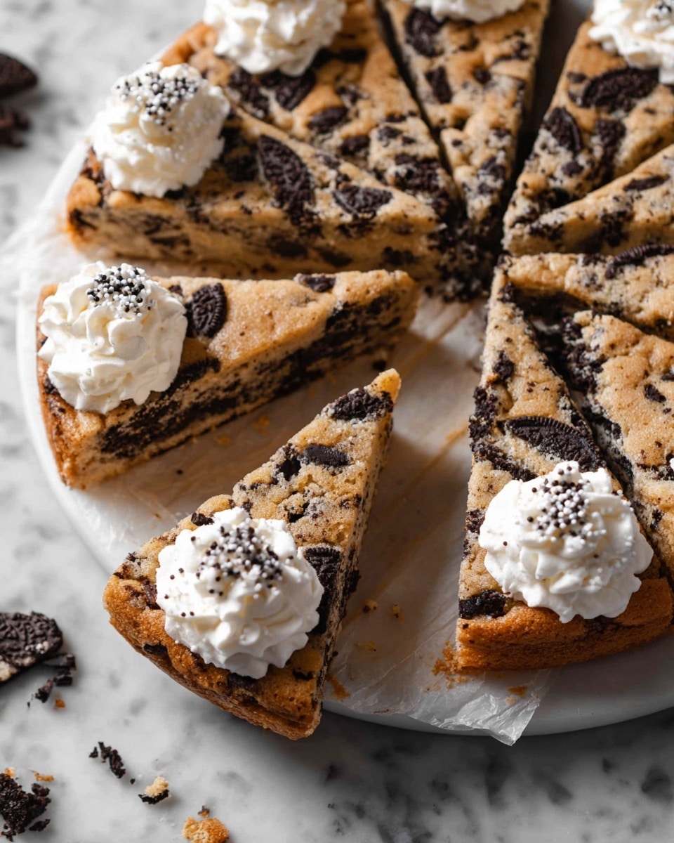 The image shows a round cookie cake cut into several triangular slices on a white plate with a light parchment paper underneath. The cookie cake has a golden brown color with dark Oreo cookie pieces spread throughout the dough, giving it a textured look. Each slice has a dollop of white whipped cream on the outer edge, decorated with small white sprinkles. One slice is slightly lifted to show the thickness of the cookie, revealing a soft and gooey texture inside with embedded Oreo bits. Some cookie crumbs and Oreo pieces are scattered on the plate. The background is a white marbled texture. photo taken with an iphone --ar 4:5 --v 7