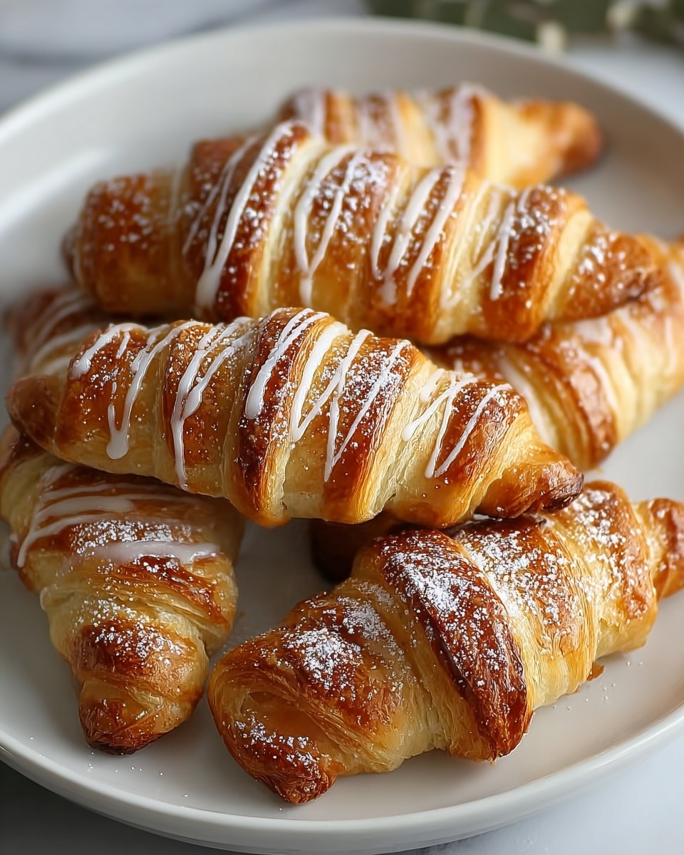 The image shows five golden-brown croissants on a white plate. Each croissant has many thin, flaky layers with a shiny crust. On top, there are light icing drizzles in a zigzag pattern and a dusting of white powdered sugar, giving a sweet look. The plate is placed on a white marbled surface with soft light that highlights the croissants’ textures. Photo taken with an iphone --ar 4:5 --v 7
