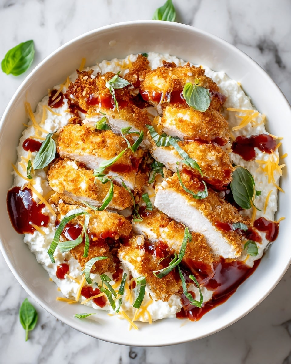A white bowl sitting on a white marbled surface holds a dish with three main layers. The bottom layer is a creamy white cottage cheese with a soft, chunky texture. On top of that are several slices of golden-brown, crispy breaded chicken, arranged neatly in the center, showing the white, tender meat inside. The chicken is drizzled with a rich, deep red sauce, adding contrast and shine. Scattered over the top are thin, bright green strips of fresh basil and some pale yellow shredded cheese, adding texture and color. Small basil leaves decorate the edges of the bowl and the marbled surface around it. photo taken with an iphone --ar 4:5 --v 7