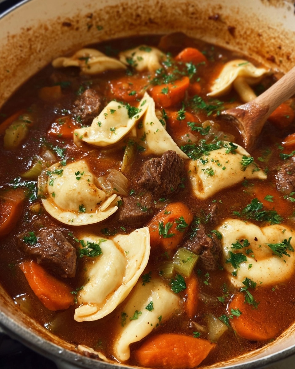 The image shows a white pot filled with a thick stew that has several layers. The stew base is a rich brown color with a glossy texture. Large orange carrot slices and light green celery pieces are mixed throughout. Brown chunks of beef are scattered among the vegetables. Flat, folded dumplings or pasta pieces with a pale yellow color float on top. Fresh green parsley leaves are sprinkled over the stew, adding a touch of bright green color. A wooden spoon is partially visible on the right edge, stirring the mixture. The photo taken with an iphone --ar 4:5 --v 7