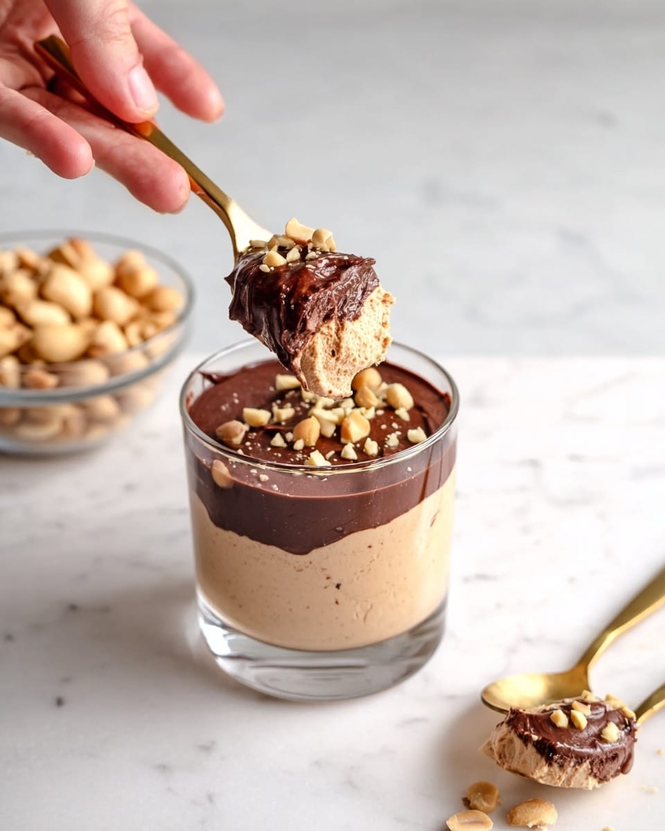 A clear glass cup holds a creamy light brown mousse as the bottom layer, topped with a thick, dark chocolate layer sprinkled with small chopped nuts. A woman's hand lifts a gold spoon from the cup, showing a scoop of both mousse and chocolate with nuts on top. Nearby, there is a small clear bowl filled with peanuts on a white marbled surface, and another gold spoon with a bit of mousse resting on the surface. photo taken with an iphone --ar 4:5 --v 7