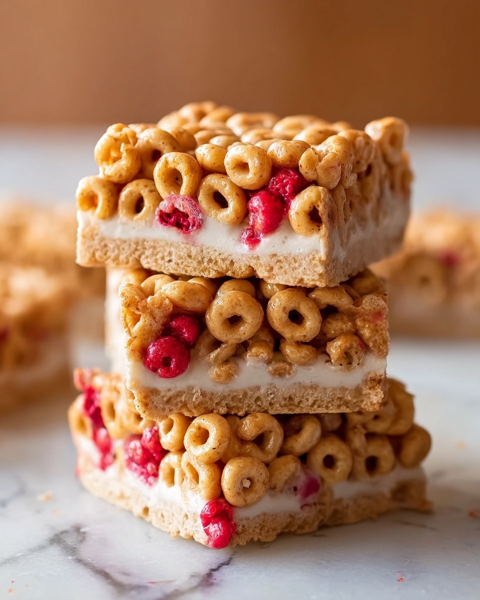 The image shows a close-up of a stack of three square cereal bars. Each bar has a top layer of golden brown, loop-shaped cereal pieces mixed with small bright red berry pieces. Between each cereal layer is a smooth, creamy white layer that binds the bars together. The bars are slightly imperfect with some cereal pieces sticking out. The background is softly blurred with warm tones, and the bars are placed on a white marbled surface. Photo taken with an iphone --ar 4:5 --v 7