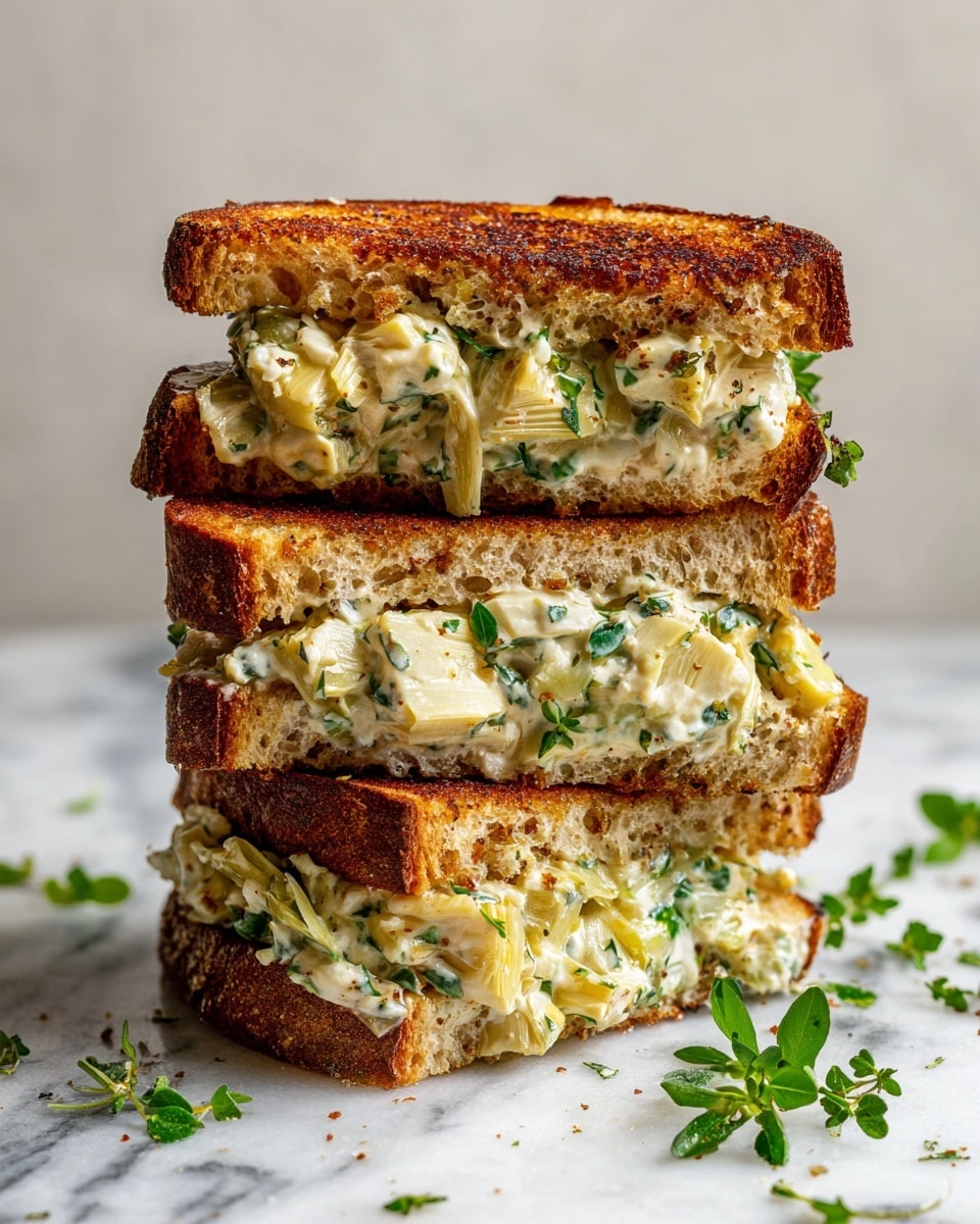 A thick sandwich made of three slices of toasted bread, each slice golden brown with a slightly crispy texture. Between the bottom and middle slice is a creamy filling with chunks of pale yellow artichoke and bright green chopped herbs mixed in a white sauce. The same filling is repeated between the middle and top slices, showing a rich, chunky texture with herbs visible throughout. The sandwich is placed on a white marbled surface with small green herb leaves scattered around. Photo taken with an iphone --ar 4:5 --v 7
