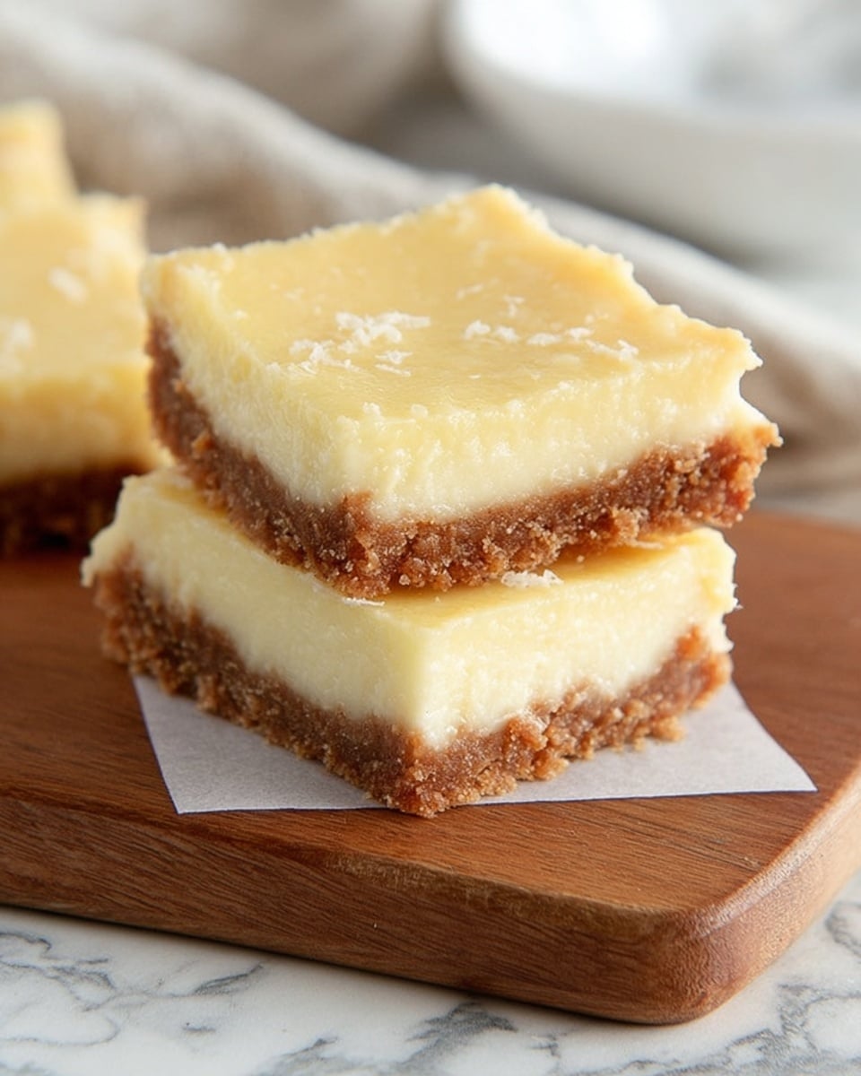 The image shows two square dessert bars stacked on top of each other on a wooden board. Each bar has two layers: the bottom layer is thick, crumbly, and brown, resembling a graham cracker crust, while the top layer is creamy, smooth, and pale yellow with a slightly glossy texture. A small piece of parchment paper is placed between the two bars. The background features a white marbled texture and part of a white dish is visible in the blur. photo taken with an iphone --ar 4:5 --v 7