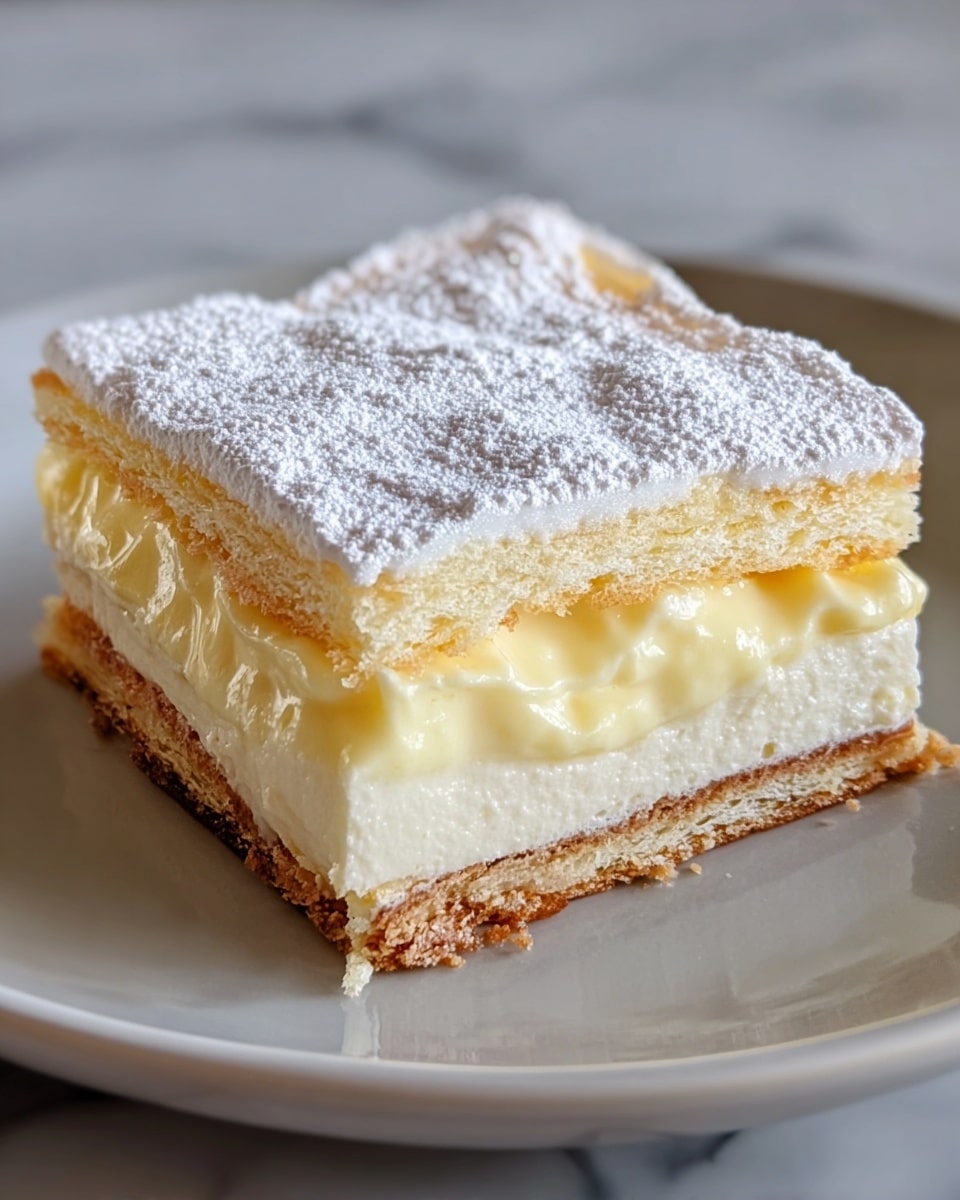 The image shows a square slice of layered dessert on a white plate, set on a white marbled surface. The bottom layer is a thin, light brown crust with a crumbly texture. Above it is a thick, creamy layer of smooth white filling that looks soft and rich. On top of this filling is a light yellow, slightly thicker cream layer that appears delicate and silky. The topmost layer is a square piece of soft, pale sponge cake lightly dusted with powdered sugar, giving it a snowy, textured look. The layers are distinct and even, creating a neat, inviting appearance. photo taken with an iphone --ar 4:5 --v 7