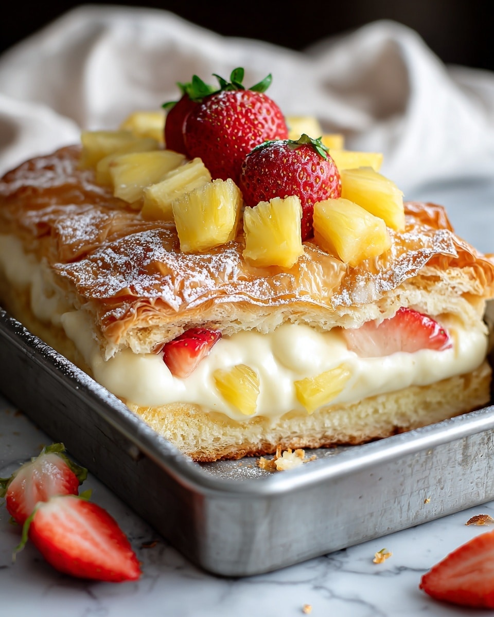 A square pastry dessert sitting on a dark tray features three clear layers: a thick, golden-brown flaky base at the bottom, a creamy white middle layer with soft, smooth texture, and on top, a glossy yellow custard-like layer. The dessert is decorated with fresh strawberries cut in half, bright yellow pineapple chunks, and small pieces of red fruit scattered on the top. The corners have golden, crispy puff pastry folded inwards, dusted lightly with powdered sugar. The photo is taken on a white marbled surface with soft natural light. photo taken with an iphone --ar 4:5 --v 7