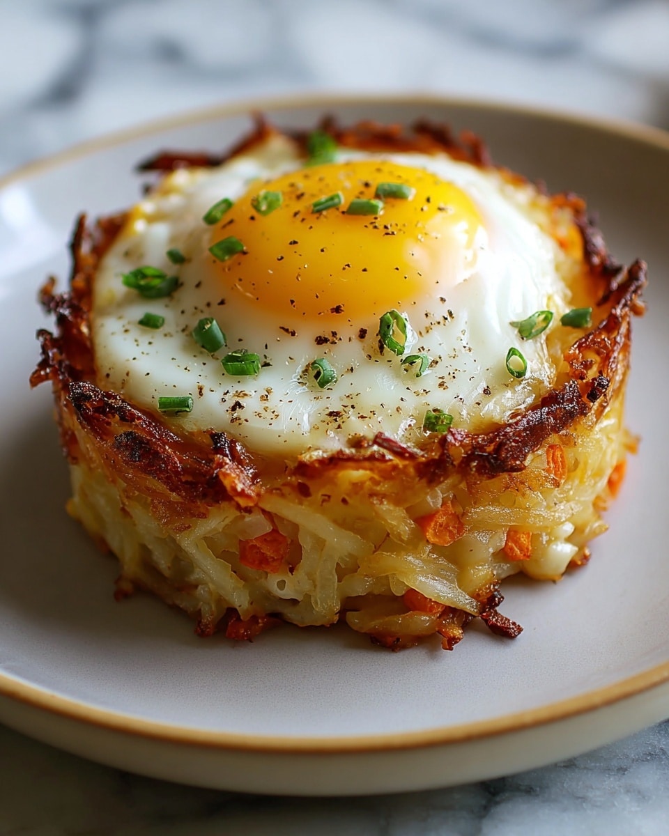 A single layered dish shaped like a small round cake sits on a white plate with a slightly raised edge. The bottom layer is a golden-brown crispy hash brown base, packed with shredded potatoes visible in a rough texture. On top of this base is a middle layer of melted cheese mixed with small pieces of orange and white, giving it a creamy and slightly chunky look. The top layer features a perfectly cooked sunny-side-up egg with a smooth white and a bright yellow yolk in the center, sprinkled with black pepper and small green onion bits. The edges of the hash brown layer are crisp and browned, adding texture contrast to the soft egg yolk that shines on top. The plate rests on a white marbled texture surface. photo taken with an iphone --ar 4:5 --v 7