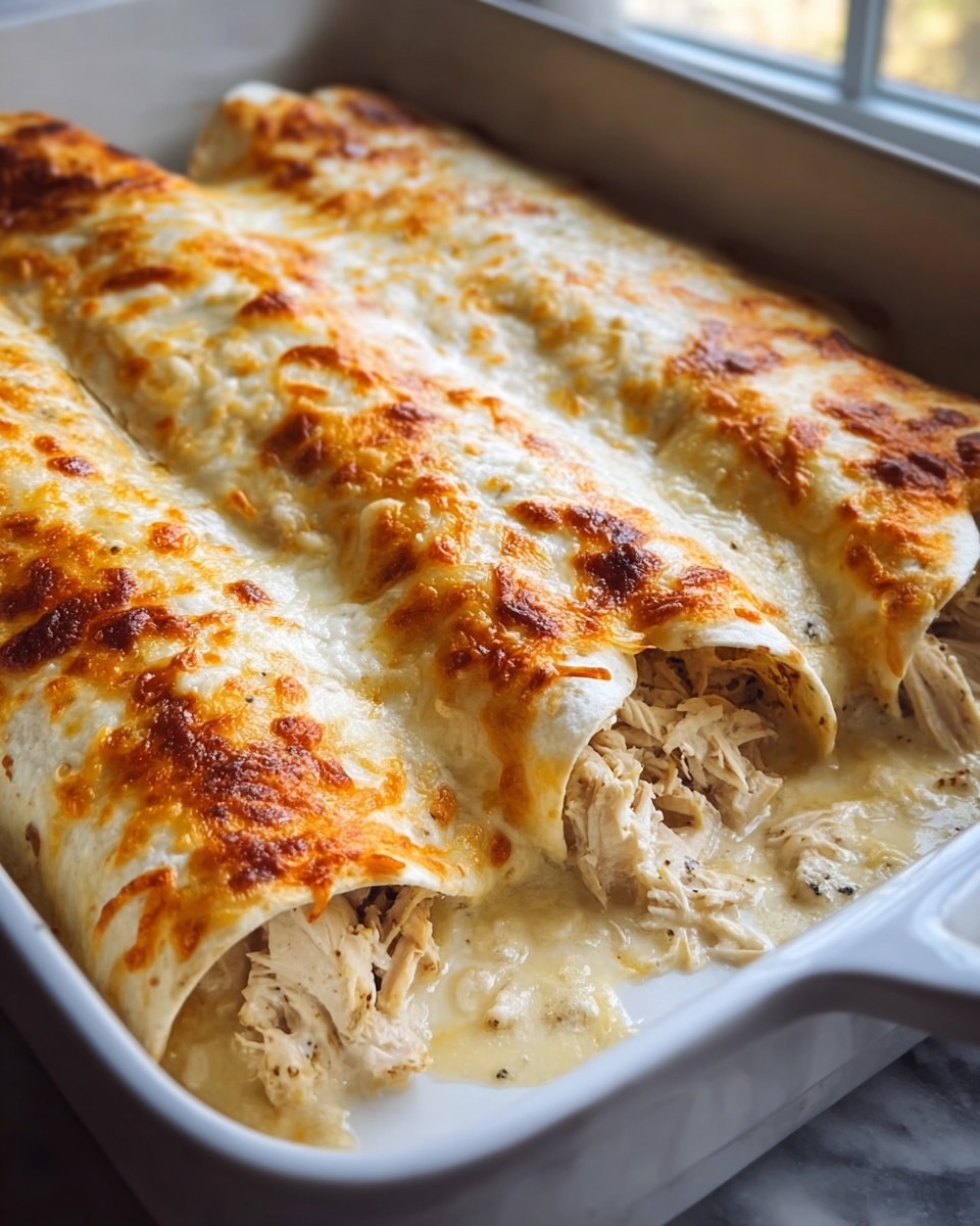 A white rectangular pan holds three rolled tortillas filled with shredded chicken in a creamy sauce. The tortillas are covered with a golden-brown layer of melted cheese that has bubbly and slightly crispy spots on top. The chicken filling inside the tortillas looks tender and moist with a mix of light beige and white colors. The background shows soft light coming through a window, and the whole scene rests on a white marbled surface. photo taken with an iphone --ar 4:5 --v 7