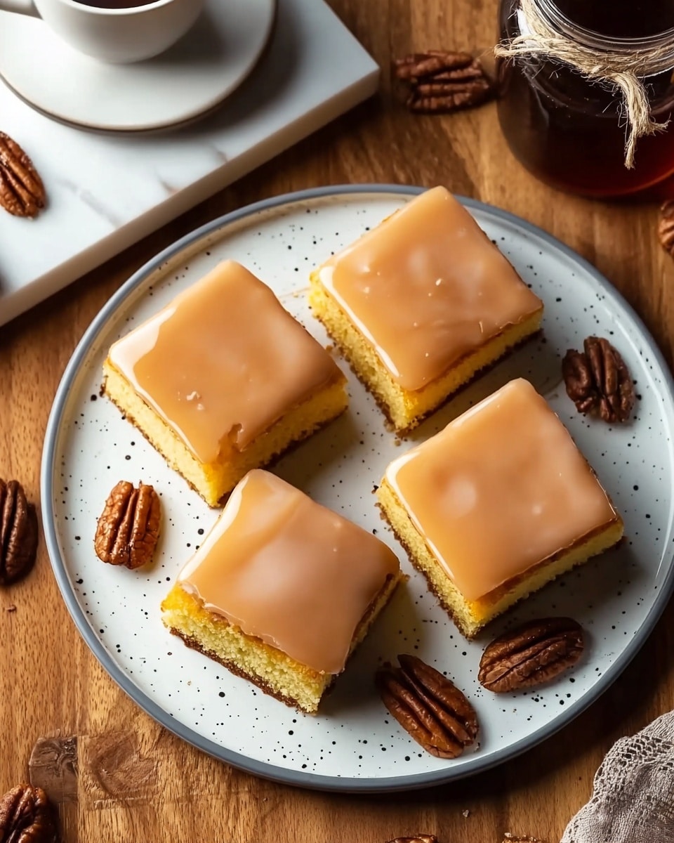 The image shows four square-shaped cake pieces on a white speckled plate with a thin gray rim. Each cake has a thick bottom layer of yellow sponge cake and a smooth, shiny pale caramel-colored icing layer on top. The cakes are arranged close together in the center of the plate, which sits on a wooden surface with scattered pecan halves around. There is a glass jar with a string tied around its neck filled with dark syrup near the plate, and a small white cup on a white marbled textured surface to the upper left side. Photo taken with an iphone --ar 4:5 --v 7