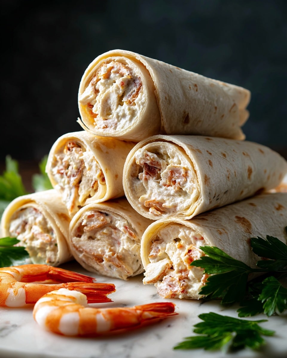 The image shows several small wrap rolls stacked and placed on a white marbled surface. Each wrap is made with a light cream-colored tortilla and filled with a creamy mixture that includes small pieces of pink and orange seafood, giving the filling a textured look with a mix of pale beige and soft pink colors. One wrap is cut in half and stacked vertically to show the creamy filling with bits of seafood clearly inside. In front, some whole cooked shrimp with white and orange stripes are placed on top of and around the wraps. A few green parsley leaves add a fresh touch at the bottom center of the scene. The background is dark, making the light wraps and shrimp stand out. photo taken with an iphone --ar 4:5 --v 7