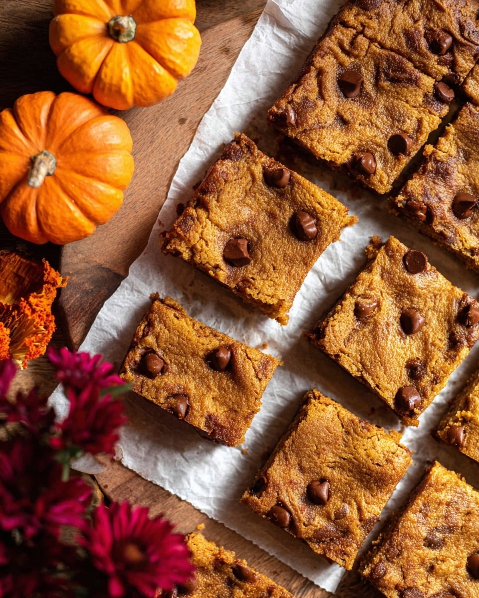 The image shows a close-up of pumpkin chocolate chip bars cut into squares, arranged on white parchment paper on a wooden surface. Each bar has a golden-brown top layer with a soft, slightly cracked texture and melted chocolate chips scattered unevenly across the surface. Some bars have a few chocolate chips clustered together, while others have just one or two. To the left, there are two small orange pumpkins and a bunch of dark red flowers partially visible, adding a warm, autumn feel. The bars appear thick and soft, with darker streaks of cinnamon or spice throughout. photo taken with an iphone --ar 4:5 --v 7