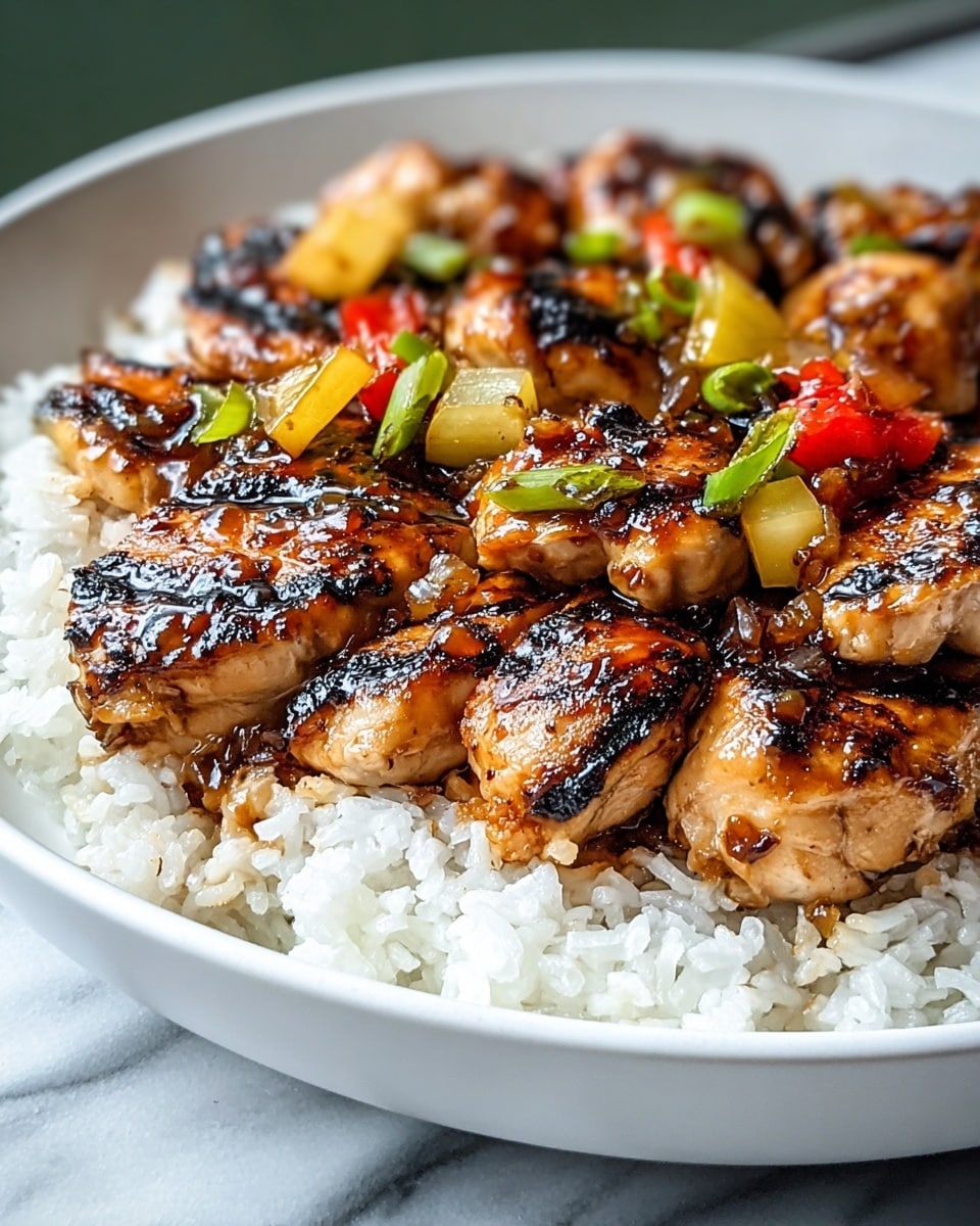 The image shows a white bowl filled with a layer of white rice at the bottom, which has a fluffy and soft texture. On top of the rice, there is a generous layer of grilled chicken pieces that are golden brown with dark char marks, indicating they are cooked well with a slight crisp on the edges. The chicken is shiny with a glossy glaze, and there are small chunks of red, yellow, and green cooked vegetables scattered around and on top of the chicken, adding color contrast. The bowl is placed on a white marbled surface with some green blurred background. photo taken with an iphone --ar 4:5 --v 7