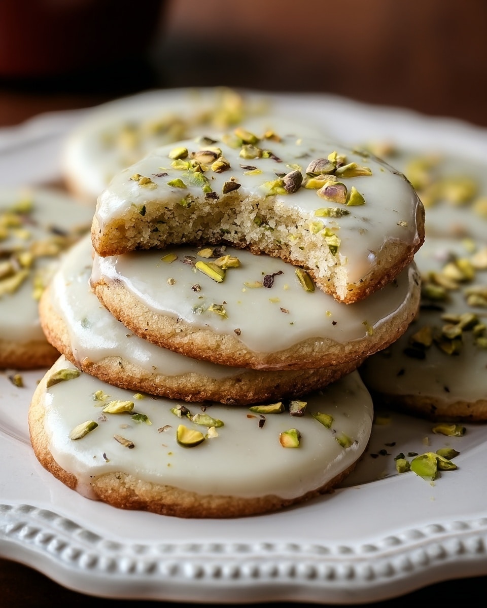 A plate holds a stack of round cookies with three visible layers: a light golden-brown crunchy base, a smooth white icing layer covering the top, and scattered small green pistachio pieces sprinkled on the icing. The cookies are slightly thick and have a soft texture with one cookie showing a bite taken out, revealing the dense inside. The plate is white with a detailed scalloped edge, and the setting includes a white marbled surface. photo taken with an iphone --ar 4:5 --v 7