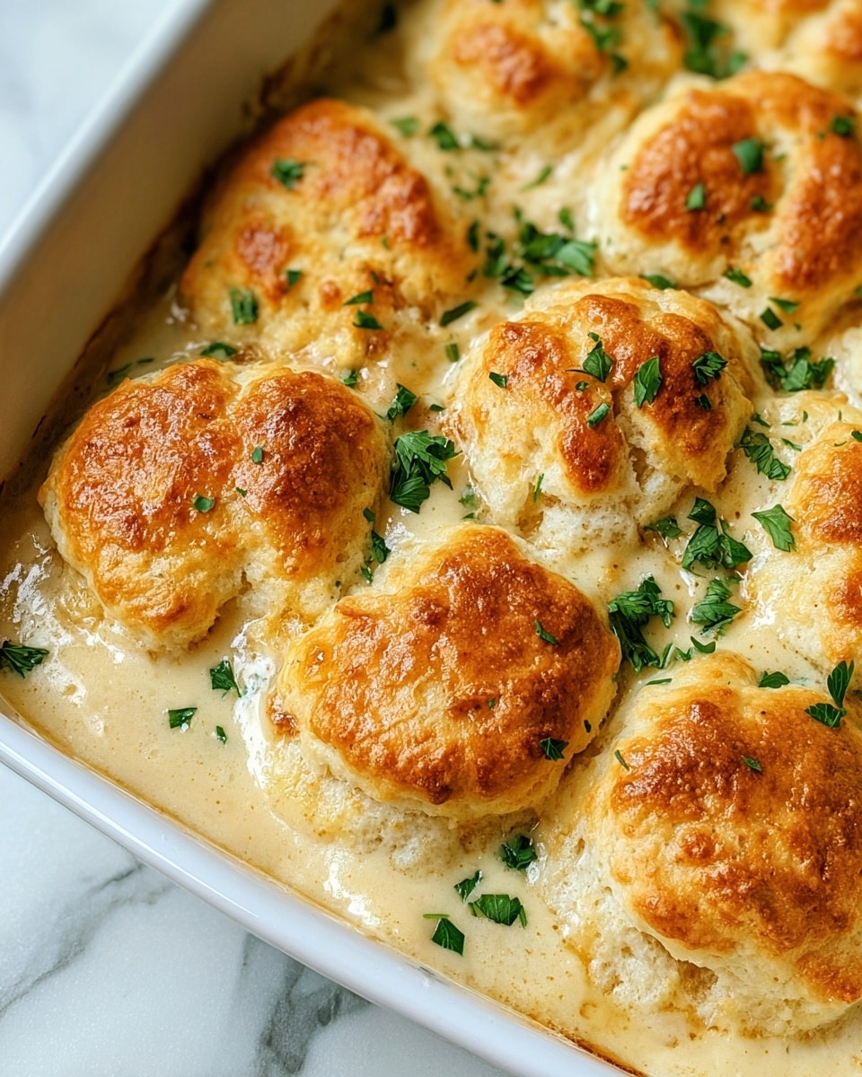 The image shows a white baking dish filled with several golden brown biscuit tops that are puffy and slightly uneven in shape. The biscuits have a soft, textured surface with a shiny, baked crust. They rest in a creamy, light beige sauce that fills the gaps between the biscuits and looks smooth and slightly thick. Scattered on top are small pieces of fresh green parsley, adding a pop of color to the creamy and golden tones. The dish is placed on a white marbled surface, and the image is taken close up to highlight the textures. Photo taken with an iphone --ar 4:5 --v 7