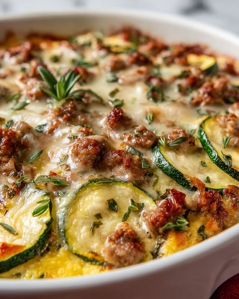 A close-up view of a baked casserole in a white ceramic dish, showing multiple layers starting with a base of creamy yellow cheese mixed with green herbs, topped with browned, crumbly sausage pieces and slices of cooked green zucchini with white flesh. The surface is covered with melted, slightly browned cheese that stretches over the ingredients, with scattered small sprigs of fresh green herbs adding a touch of color and texture. The edges of the dish reveal soft, melted cheese blending with the savory sausage, while the background features a white marbled texture. photo taken with an iphone --ar 4:5 --v 7