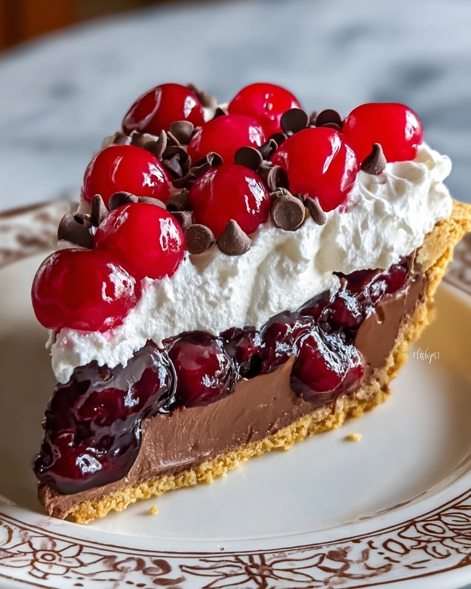 A close-up of a slice of pie on a white plate with intricate brown designs. The pie has four layers: a light golden, crumbly crust at the bottom; a thick, smooth dark chocolate layer above it; a shiny, deep red cherry filling with whole cherries sitting on the chocolate; a fluffy white whipped cream layer dotted with semi-sweet chocolate chips; and glossy, bright red cherries piled on top, shining with reflections. The plate sits on a white marbled texture. Photo taken with an iphone --ar 4:5 --v 7