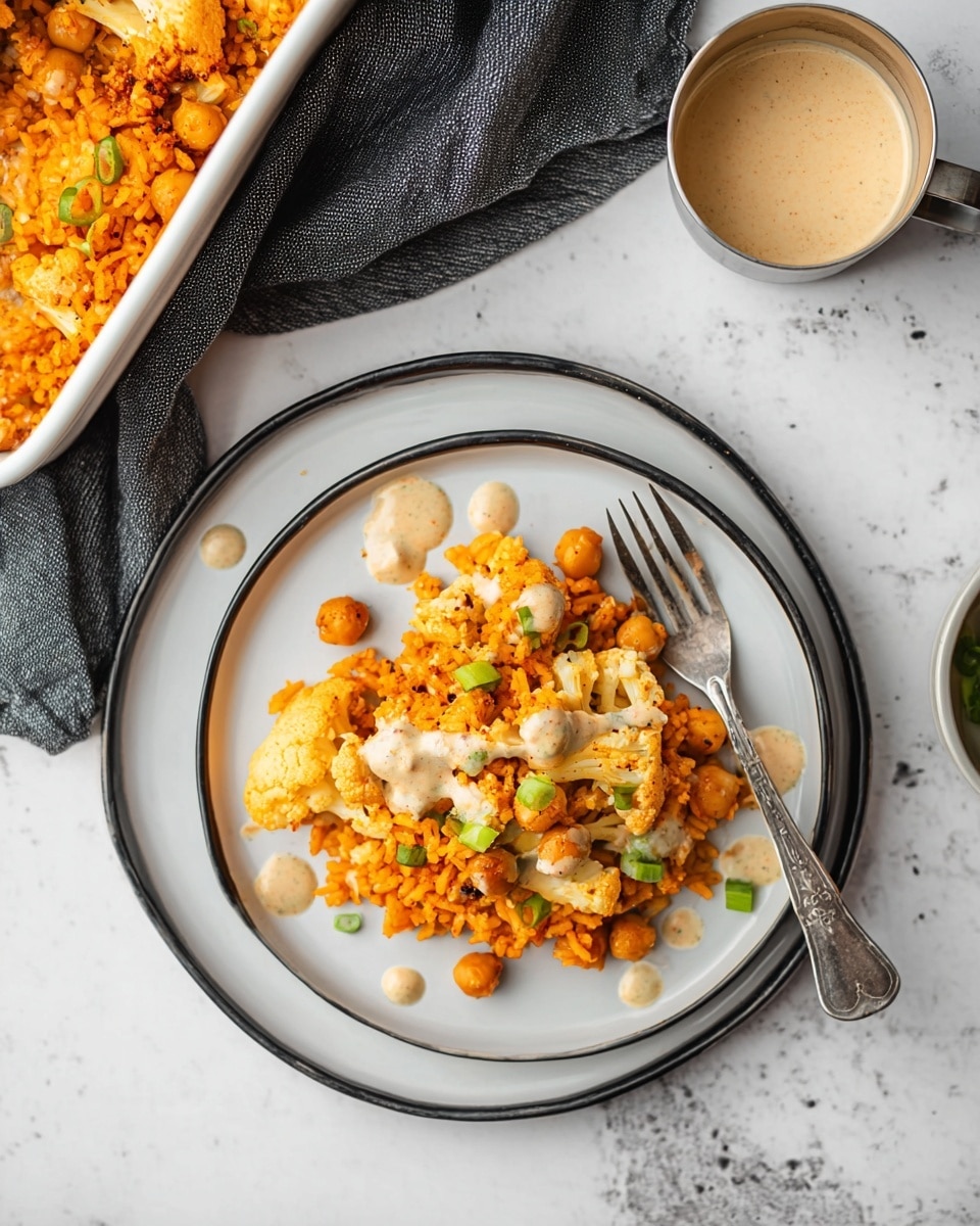 A close-up view of a white plate with a black rim, placed on top of two stacked round plates, showing a serving of orange-colored rice mixed with chickpeas, small cauliflower pieces, and green onion slices. The rice dish is drizzled with a light beige creamy sauce, some spread on the plate and some over the rice. A silver fork rests on the right side of the plate. Above the plate, a small metal cup filled with the same creamy sauce sits on a white marbled surface. In the upper left corner, a white baking dish partially visible contains more of the orange rice mixture. A dark gray cloth napkin is nearby on the white marbled texture. photo taken with an iphone --ar 4:5 --v 7