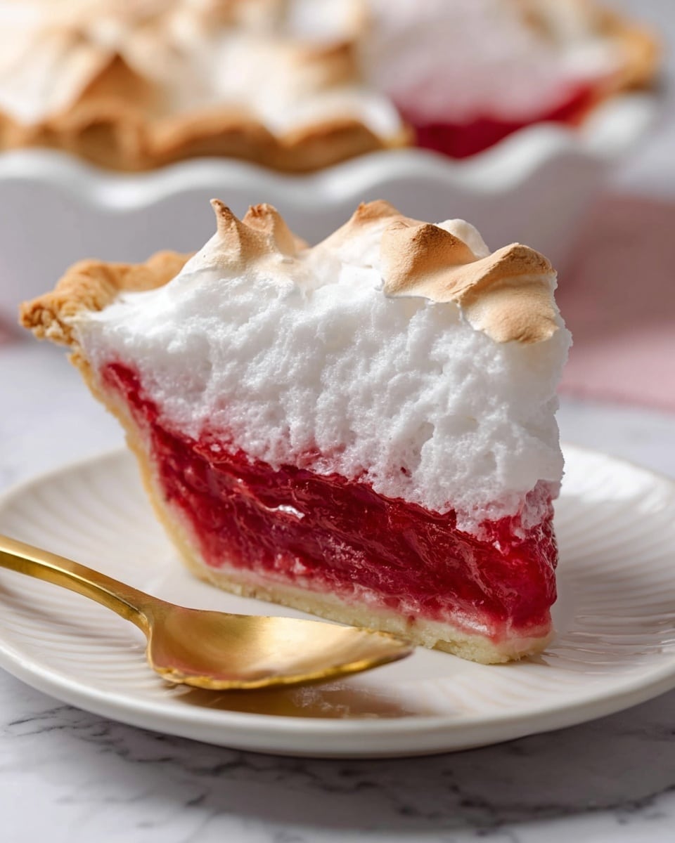 A close-up of a single slice of pie on a white plate, showing three distinct layers: a bottom crust layer that is thin and lightly golden, a middle thick layer of smooth, glossy deep red filling, and a top thick fluffy white meringue layer with a toasted, light brown, slightly crispy surface that has soft peaks. In the foreground, a golden spoon holds a small bite showing all three layers clearly. The background includes a white fluted pie dish on a white marbled surface. Photo taken with an iphone --ar 4:5 --v 7