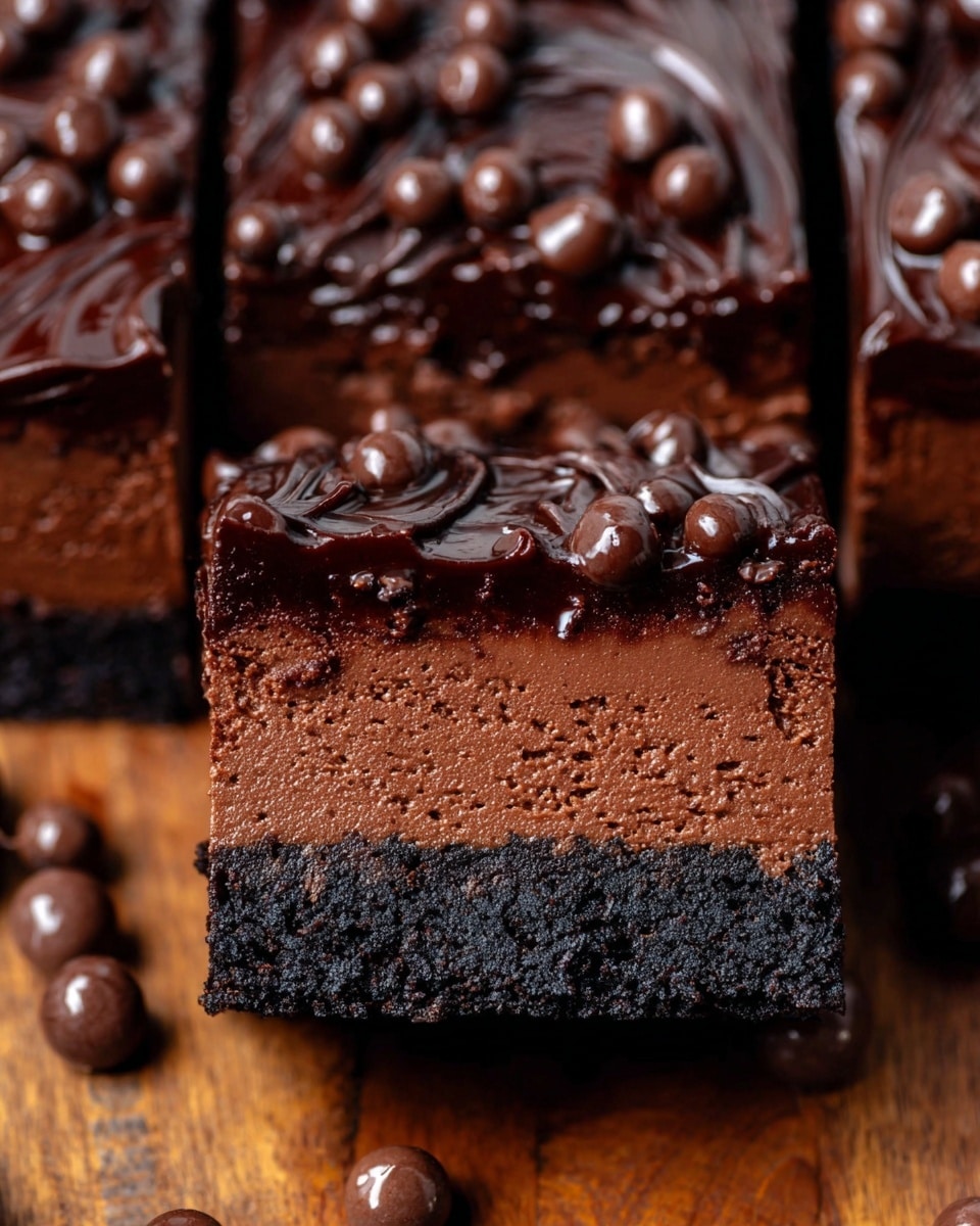 A close-up view of a rich chocolate dessert cut into squares, showing three distinct layers: a bottom dark, crumbly base, a thick middle layer of smooth, slightly airy chocolate mousse, and a top glossy chocolate ganache layer dotted with small round chocolate balls. The top ganache has a shiny, swirled texture and deep dark brown color. One square piece is lifted to clearly show the layers, while more squares lie flat beneath it, all placed on a wooden surface with scattered chocolate balls around. photo taken with an iphone --ar 4:5 --v 7