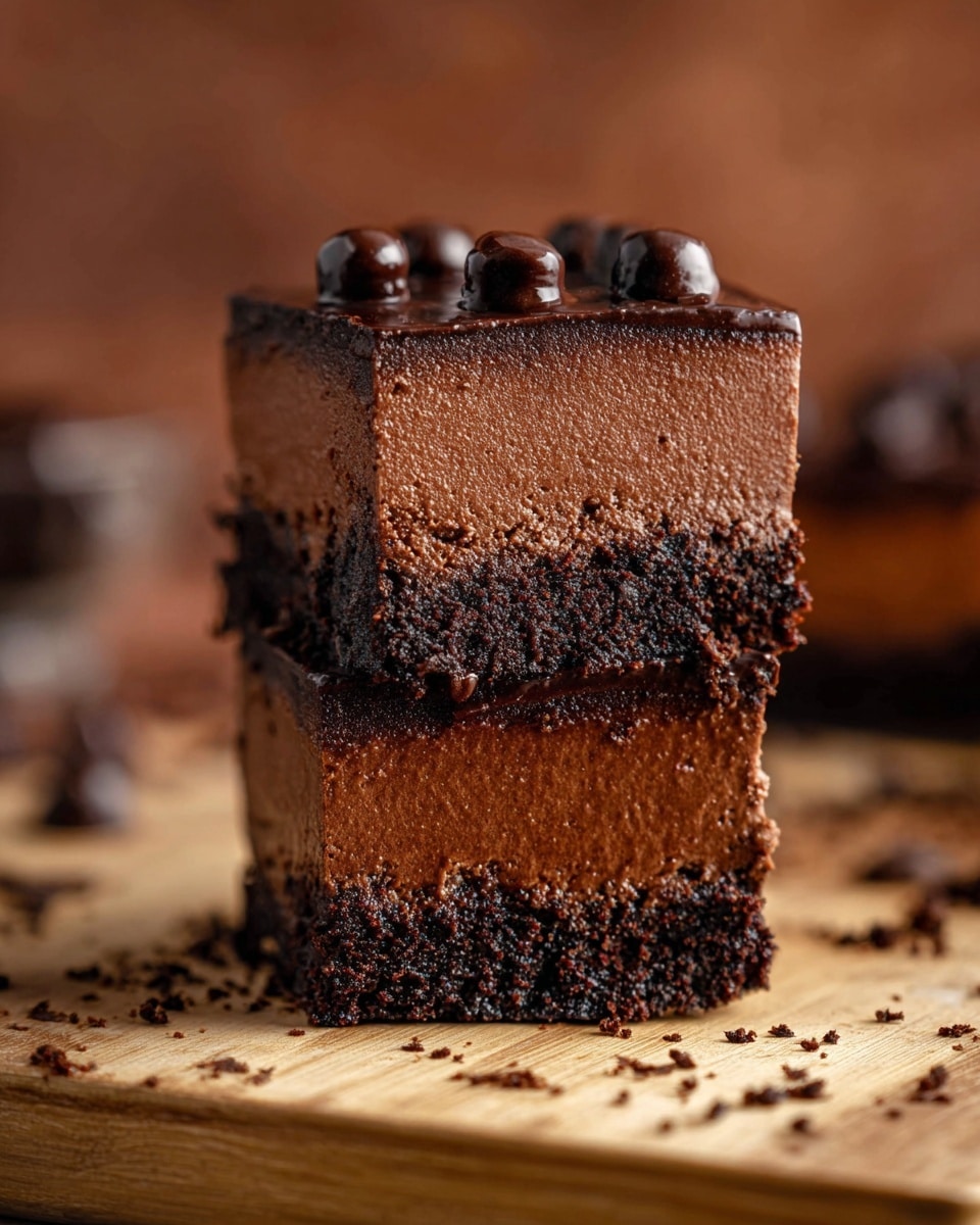 Two thick square pieces of chocolate mousse cake stacked on top of each other on a light wooden surface, each piece showing three distinct layers: a dark crumbly chocolate base at the bottom, a dense and smooth chocolate mousse middle layer, and a glossy chocolate ganache top layer decorated with small round chocolate balls. The background is blurred with a warm brown tone, and some cake crumbs are scattered around, photo taken with an iphone --ar 4:5 --v 7