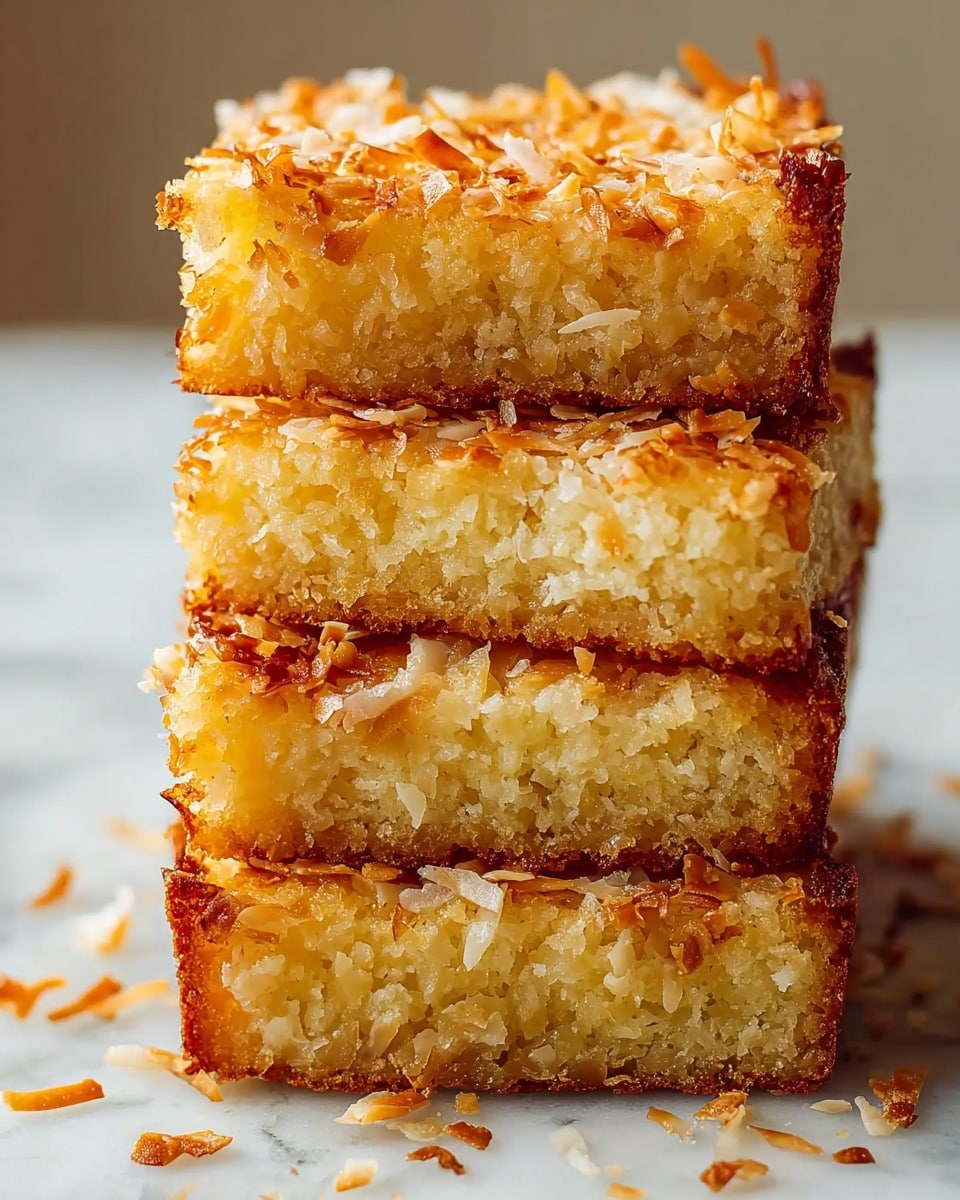 The image shows four thick slices of a golden brown coconut cake stacked in a clean, straight pile on a white marbled surface. Each slice has a textured top covered with toasted, shredded coconut flakes that give a crunchy, slightly uneven look. The sides of the slices appear moist and dense, with a warm yellow color lightly browned on the edges. Small bits of coconut are scattered around the base, adding to the rich, tropical feel. The focus is sharp on the front slice, showing the toasted coconut details and crumbly texture clearly while the background softly fades. photo taken with an iphone --ar 4:5 --v 7