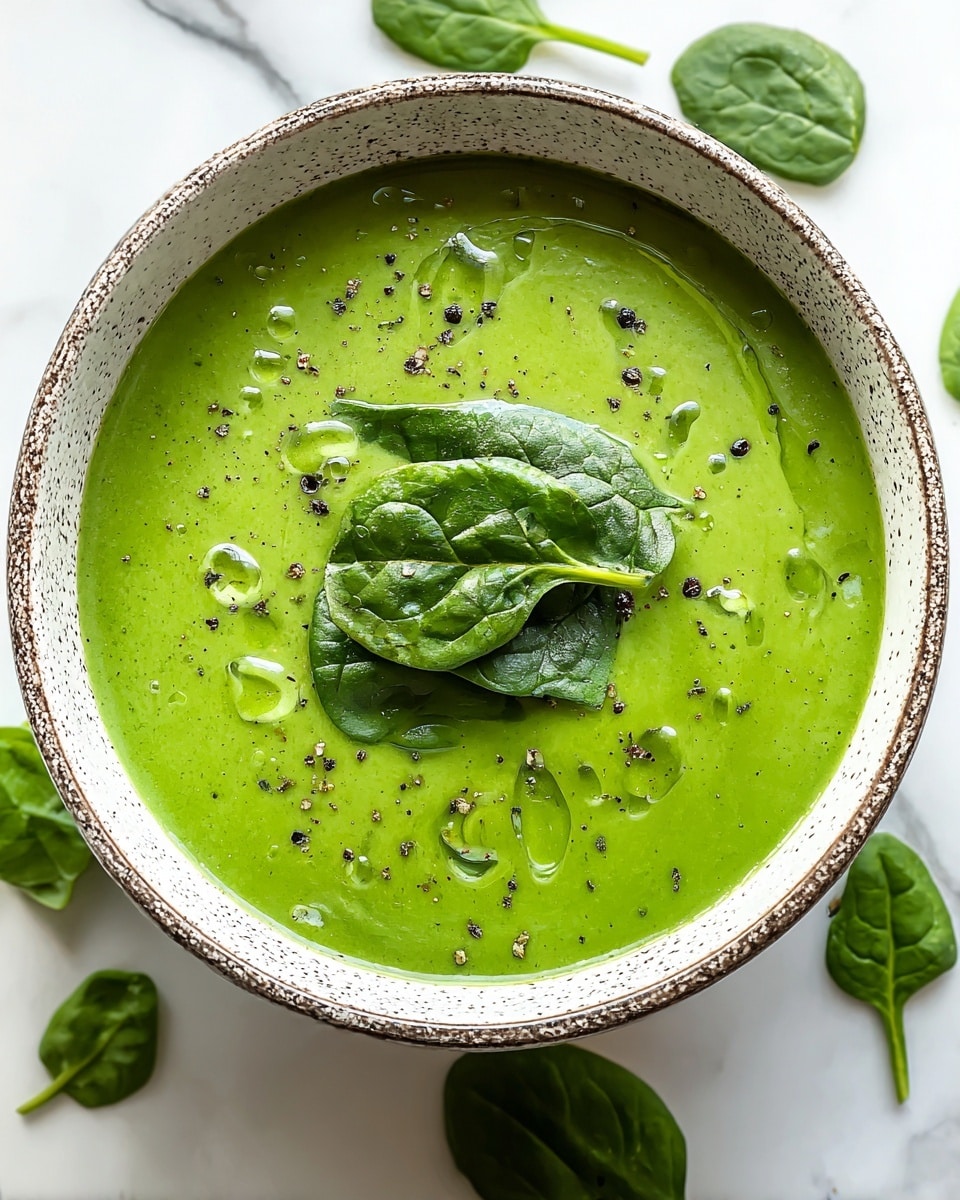 A bowl filled with smooth, bright green spinach soup topped with a small pile of fresh spinach leaves in the center. The soup has a slightly thick texture with visible small pieces of spinach and droplets of olive oil floating on top. Black pepper and salt are sprinkled evenly across the surface, adding tiny dark and white specks. The bowl is white with a speckled brown rim and sits on a white marbled surface, surrounded by a few fresh spinach leaves scattered around. photo taken with an iphone --ar 4:5 --v 7