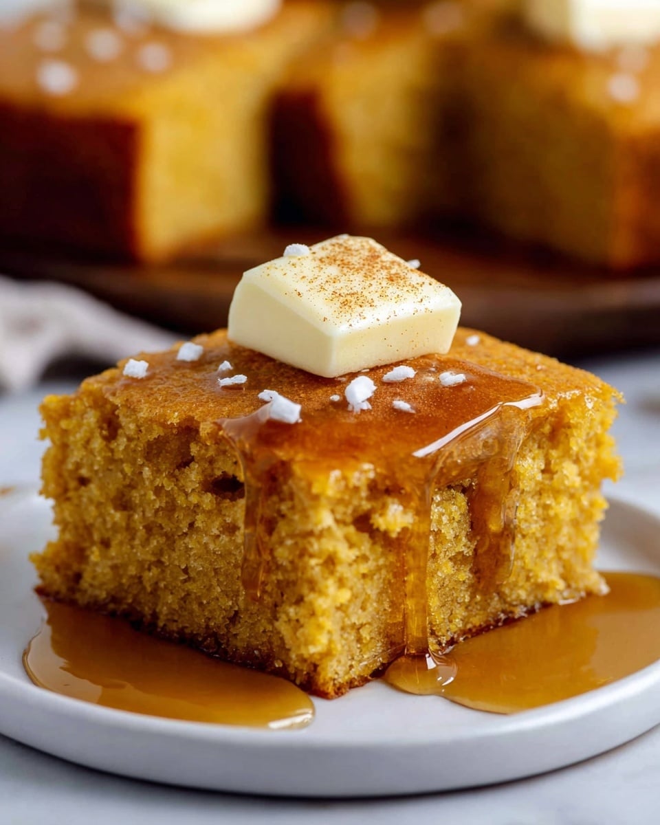 A square piece of golden brown cornbread with a soft and crumbly texture sits on a white plate over a white marbled surface. On top of the cornbread is a melting light yellow pat of butter sprinkled lightly with cinnamon and a few grains of salt. A thick, glossy amber-colored syrup slowly drips down the sides of the cornbread, pooling at the base. In the background, blurred pieces of similarly cut cornbread are visible. Photo taken with an iphone --ar 4:5 --v 7