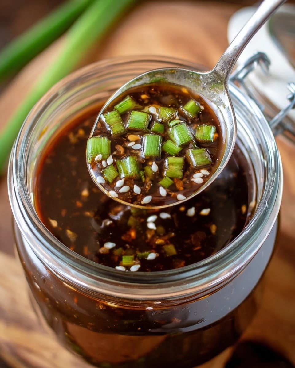 A close-up image of a glass jar filled with thick, dark brown sauce that has a glossy texture and visible small white sesame seeds scattered in it. A silver ladle is scooping some sauce showing chopped green onions floating on top, which add bright green and light green colors with a fresh look. The jar sits on a wooden surface, with the background softly blurred. Photo taken with an iphone --ar 4:5 --v 7