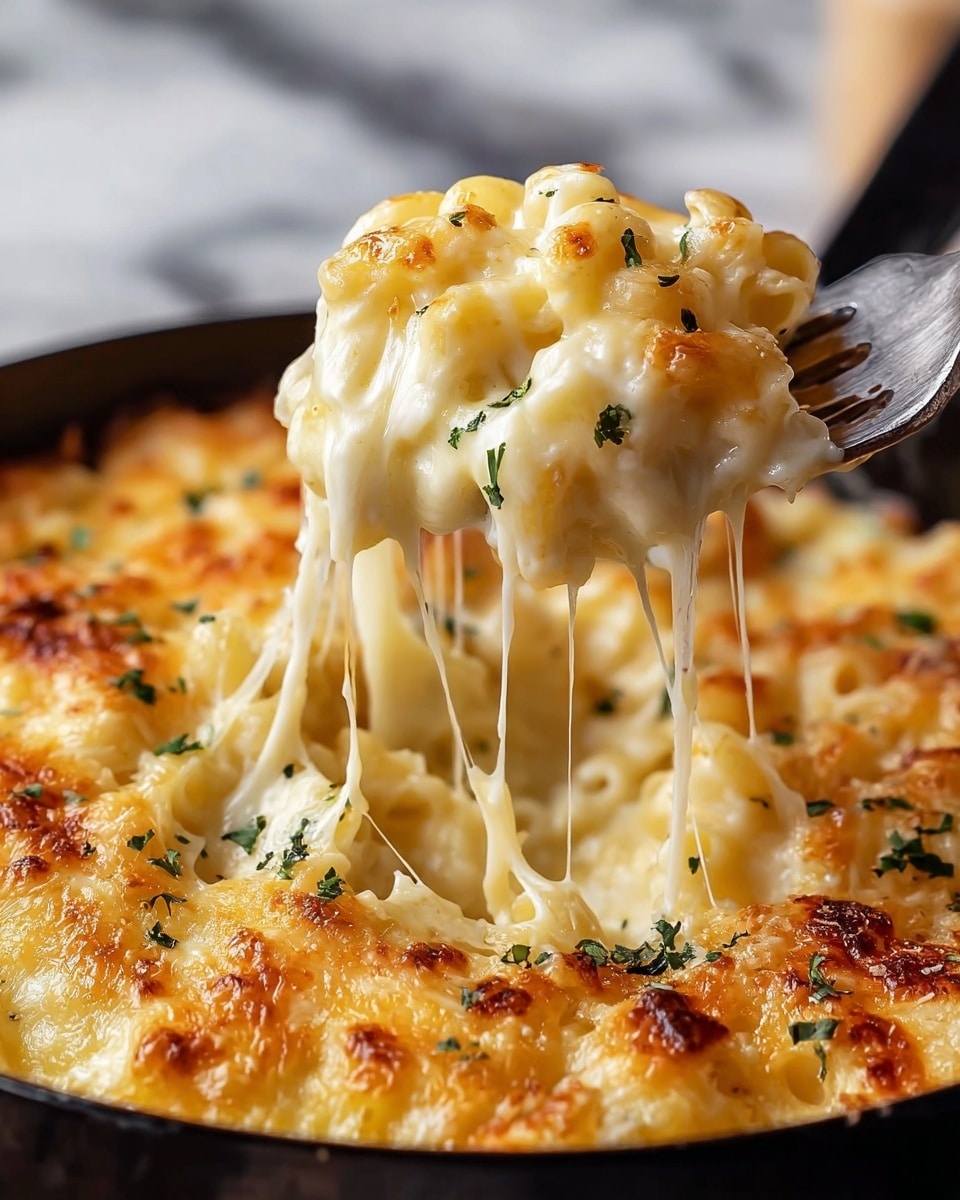 A close-up of a dish showing a fork lifting a scoop of baked macaroni and cheese from a black pan. The mac and cheese has three main layers: the bottom layer is soft pale yellow macaroni pasta, the middle layer is creamy melted cheese in a light yellow color stretching with strings from the fork, and the top layer is golden brown melted cheese with small browned spots and some green herb bits sprinkled on top. The background is softly blurred with a white marbled texture visible beneath the pan. Photo taken with an iphone --ar 4:5 --v 7
