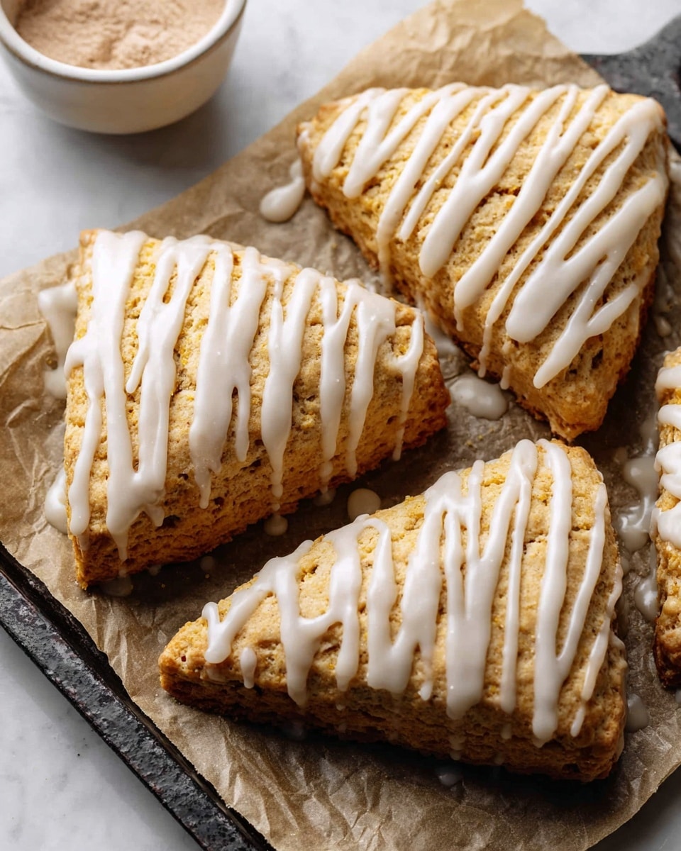 Four triangular scones with a soft, golden-brown texture sit on crinkled parchment paper over a dark baking tray. Each scone is covered with a layer of white icing that smoothly drapes over the top and edges. On top of the white icing, light beige icing is drizzled in neat, parallel lines running horizontally across each scone. In the upper left corner, there is a glimpse of a small white bowl filled with light brown powder placed on a white marbled surface. photo taken with an iphone --ar 4:5 --v 7