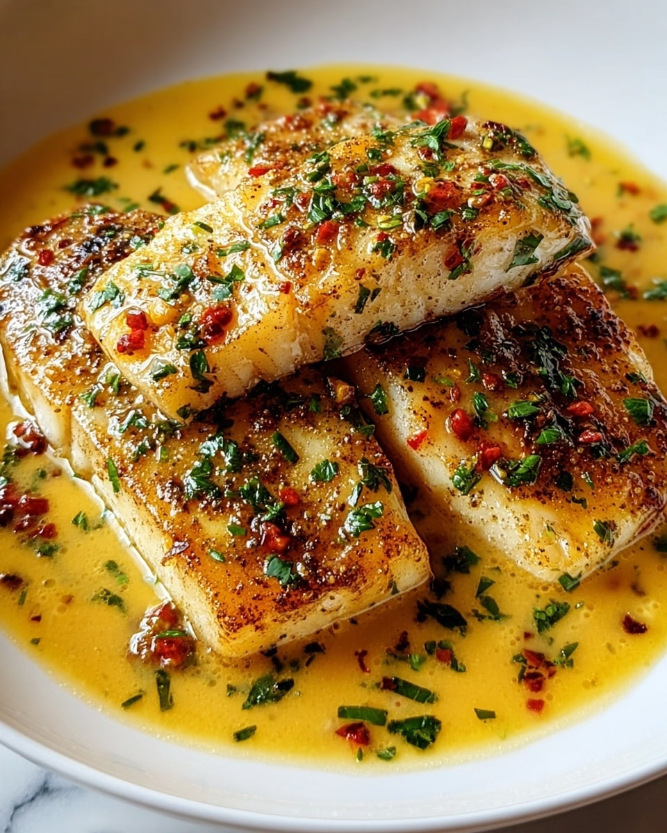 Three pieces of cooked white fish fillets with a golden-brown crust sit layered slightly overlapping in a shallow white bowl. The fish is covered with a thick, yellowish sauce that has a smooth texture and is speckled with small bits of red chili, garlic, and chopped green herbs. The sauce pools around the fillets, soaking into the bottom. Fresh, finely chopped green herbs are sprinkled over the fish and sauce, adding a touch of color contrast. The bowl is placed on a surface with a white marbled texture. photo taken with an iphone --ar 4:5 --v 7