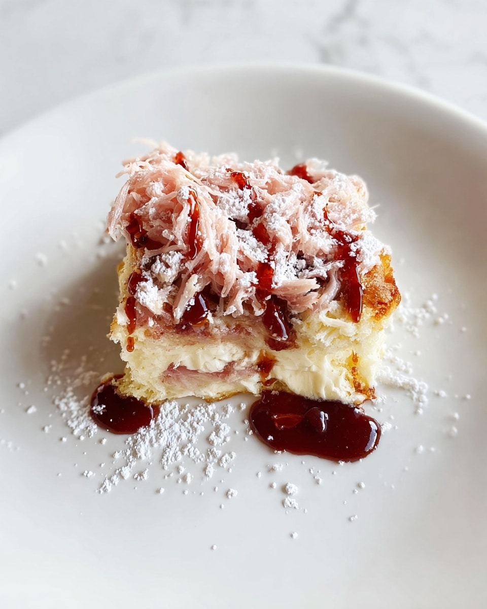 A small piece of dessert sits in the middle of a white plate on a white marbled surface. The dessert has two main layers: a creamy light yellow base with a soft, slightly browned texture and a topping of shredded pinkish strands, possibly ham or similar. Drizzled over the top is a rich, dark red sauce with a glossy texture. The dessert is dusted generously with white powdered sugar, adding a snowy contrast to the warm tones. Photo taken with an iphone --ar 4:5 --v 7