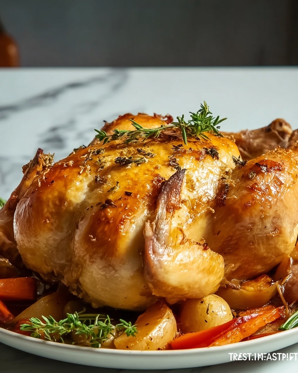 A whole roasted chicken with a shiny golden brown skin is placed in a white round dish. The chicken is covered with small bits of dark seasoning and chopped green herbs. The chicken's legs are tucked close to its body, and a bright yellow lemon wedge is placed near one leg on the edge of the dish. The surface beneath the dish has a clean white marbled texture. photo taken with an iphone --ar 4:5 --v 7