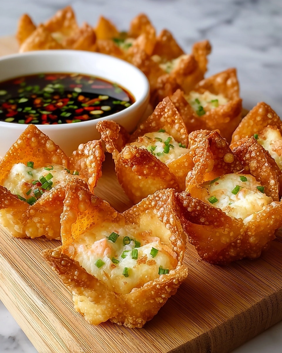 The image shows a close-up of seven crispy fried wontons with a golden brown, bubbled texture forming the outer layer, each shaped like a flower with pointed edges. Inside each wonton is a creamy white filling mixed with small bits of light pink and sprinkled with chopped green chives. Behind the wontons, there is a white bowl with dark soy-based dipping sauce that has small pieces of red and green chili floating on top. The food is placed on a light wooden board set on a white marbled surface. photo taken with an iphone --ar 4:5 --v 7