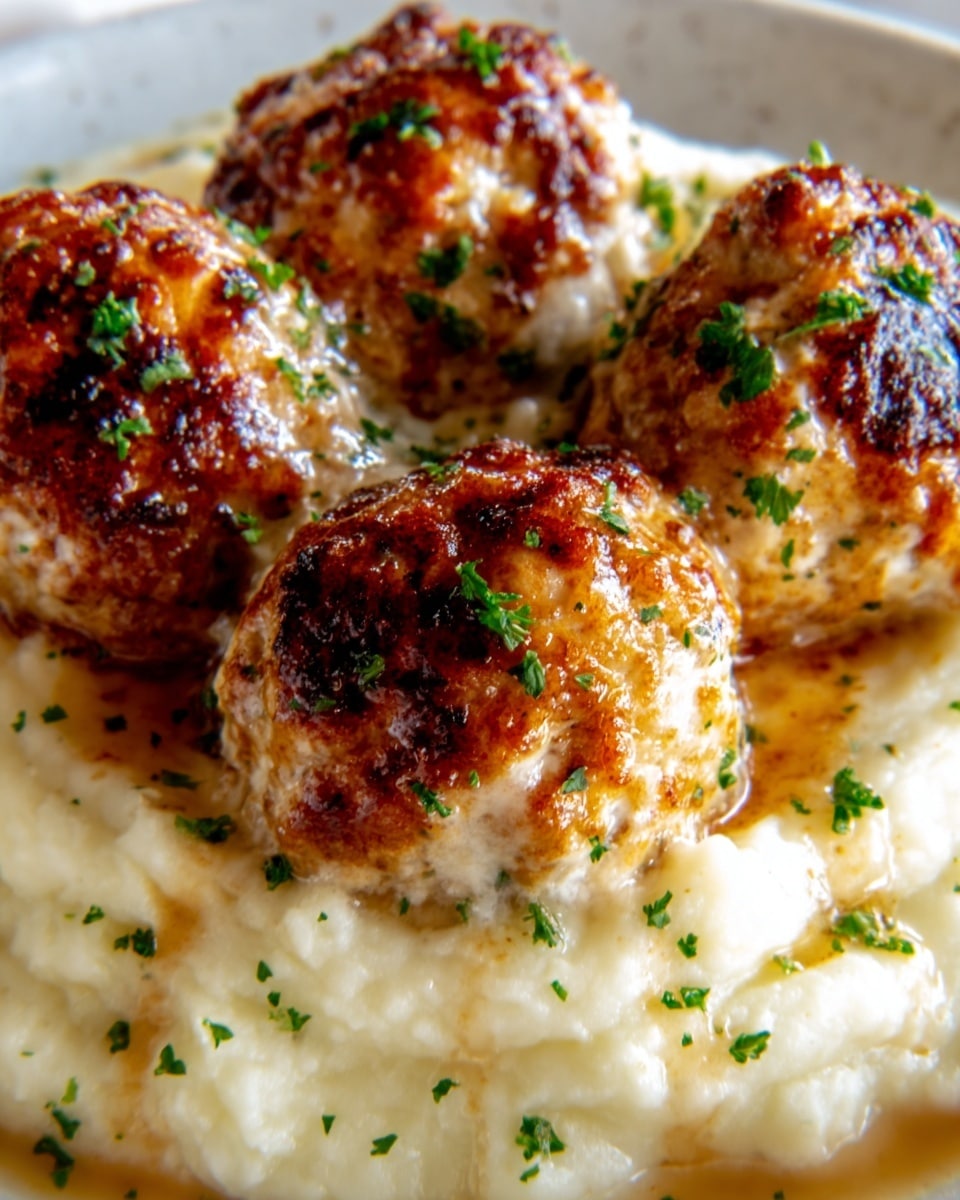 A close-up of four golden-brown baked meatballs with a slightly crispy top, sitting on a creamy bed of smooth white mashed potatoes. The meatballs show some bits of herbs and spices on their surface, with a slight glistening from sauce. The mashed potatoes underneath look soft and fluffy, with a few green chopped herbs sprinkled on top for color contrast. The background is a white marbled texture. Photo taken with an iphone --ar 4:5 --v 7