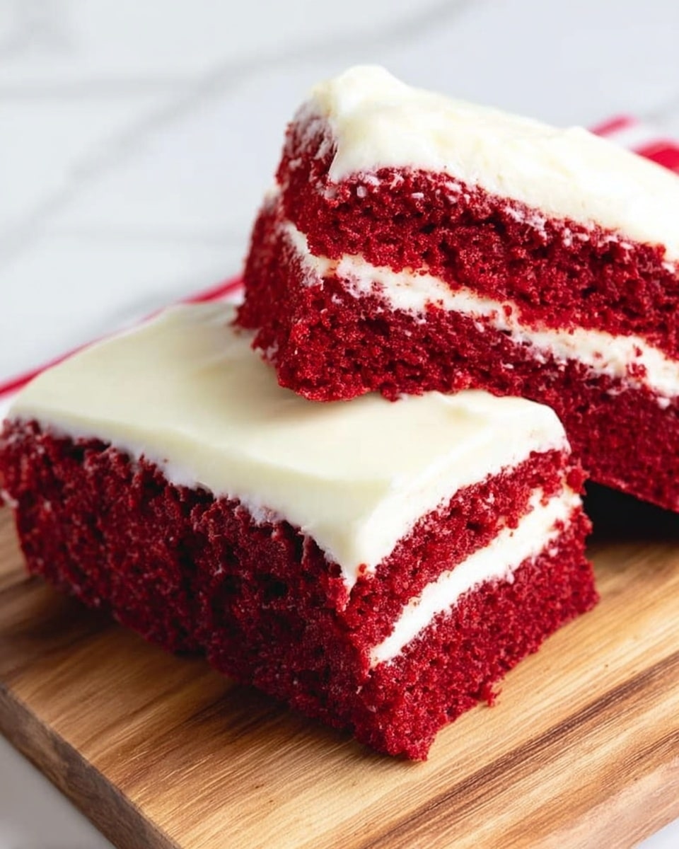 Two slices of red velvet cake with one thick white cream cheese frosting layer in the middle. The cake layers are deep red with a soft and crumbly texture, while the frosting is smooth and glossy. The slices rest on a wooden board with a soft white marbled texture background. Photo taken with an iphone --ar 4:5 --v 7
