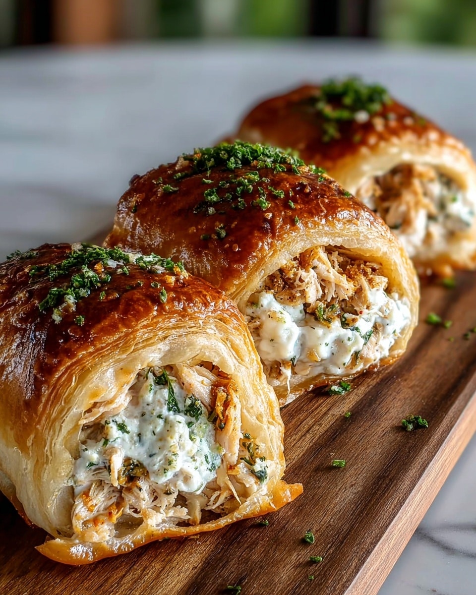 Three golden brown, shiny pastry rolls are lined up closely on a wooden board. Each roll is cut open near the front, showing three layers inside: a soft, flaky outer pastry shell with a slightly crisp texture and glossy finish, a middle layer filled with white creamy cheese mixed with green herbs, and a top filling of shredded cooked chicken with a light browned color. The tops of the rolls are sprinkled with finely chopped green herbs. The background is softly blurred with a white marbled texture surface in front. photo taken with an iphone --ar 4:5 --v 7