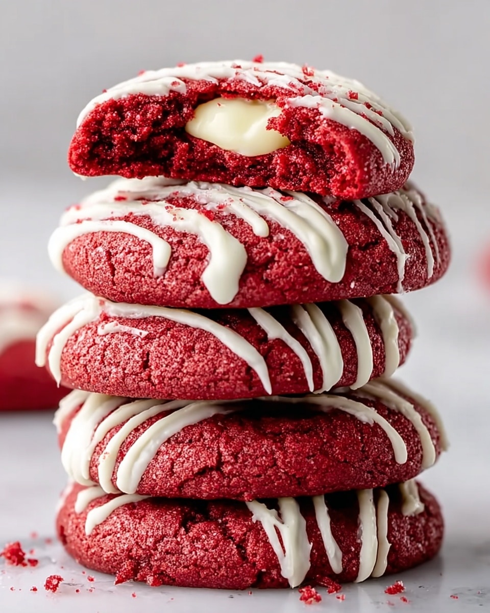 A stack of five thick red cookies sits on a white marbled surface, each cookie decorated with white icing drizzled across the top in horizontal lines; the top cookie is broken in half, showing a soft, creamy white filling inside. The cookies have a soft texture with tiny cracks and crumbs around the base. Photo taken with an iphone --ar 4:5 --v 7
