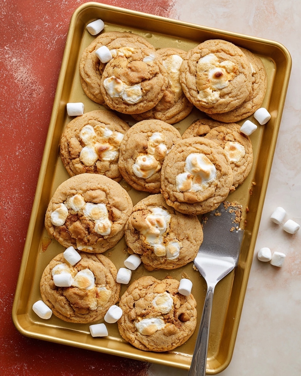 The image shows a gold baking tray filled with about a dozen soft cookies baked with toasted marshmallow pieces. Each cookie is round, light brown, and slightly cracked on top, with white and golden toasted marshmallow bits embedded visibly in and on the surface. The cookies are touching or slightly overlapping each other, and a few small white marshmallows are scattered on the tray between the cookies. A silver spatula is placed on the right side of the tray, and the tray sits on a white marbled surface with some red textures around the edges. photo taken with an iphone --ar 4:5 --v 7