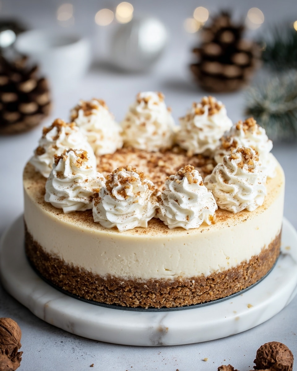A round cheesecake with two main layers sits on a white marble surface; the bottom layer is a thick, crumbly brown crust, while the top layer is a smooth, creamy off-white cheesecake. On top, there are eight evenly spaced swirls of white whipped cream, each sprinkled with a light dusting of brown cinnamon and small bits of crushed nuts. The cake is positioned in the center of the image, with blurred pine cones and holiday decorations in the background, creating a cozy, festive feel. Photo taken with an iphone --ar 4:5 --v 7