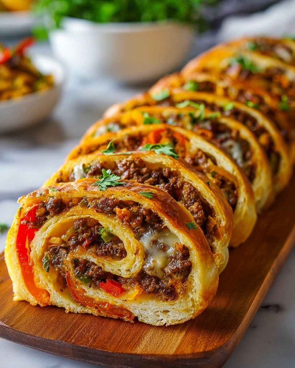 The image shows several thick slices of a rolled savory dish arranged in a line on a wooden board. Each slice reveals multiple thin layers, starting with a golden-brown outer crust, followed by tender dough, a layer of melted cheese, cooked ground meat mixed with cooked onions, and slices of orange and red bell peppers. Small green herb leaves are sprinkled on top of the slices, adding a fresh touch. The background includes a white bowl with greenery and some blurred elements, all set on a white marbled surface. The lighting highlights the texture of each layer, making the dish look warm and appetizing. Photo taken with an iphone --ar 4:5 --v 7