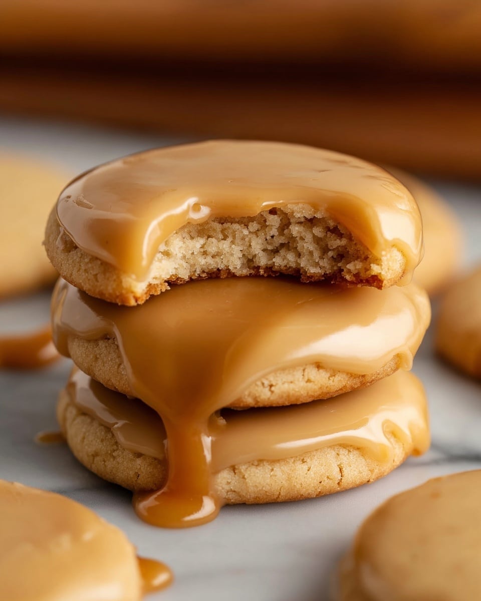 The image shows a stack of three round cookies, each topped with a smooth, shiny caramel glaze that looks thick and glossy. The top cookie has a bite taken out of it, revealing its soft, crumbly, light beige interior. The cookies have a light golden-brown base with slightly crisp edges. The caramel glaze drips gently over the sides of each cookie, creating a rich, creamy layer that contrasts with the texture of the cookie base. The background is softly blurred, with more cookies visible lying flat on a white marbled surface, adding depth to the picture. Photo taken with an iphone --ar 4:5 --v 7
